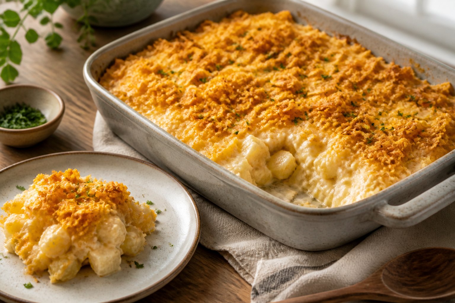 A golden-brown potato casserole with a crisp topping in a baking dish, with one serving on a plate.
