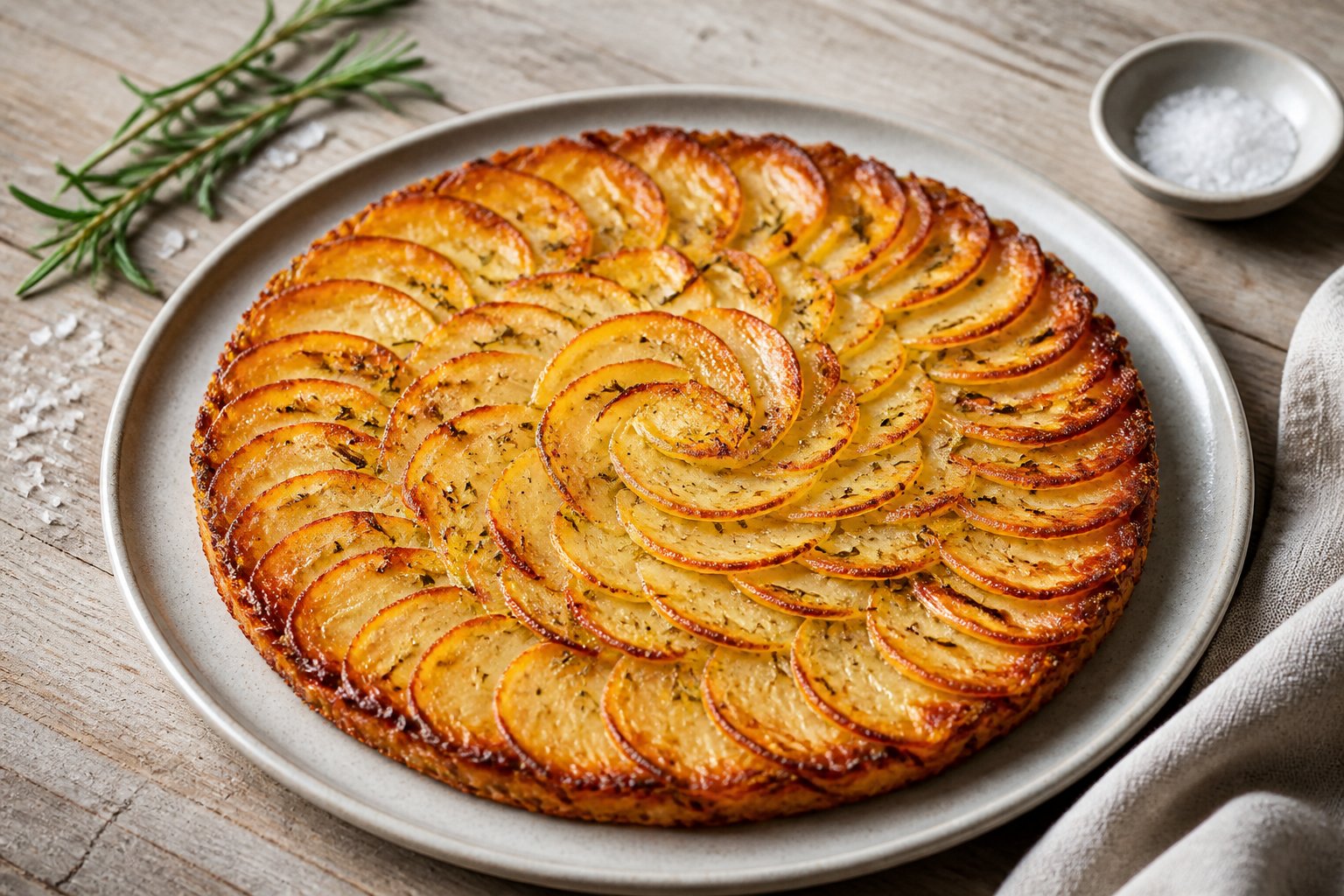 A golden crispy potato galette with thin overlapping potato slices on a ceramic plate.