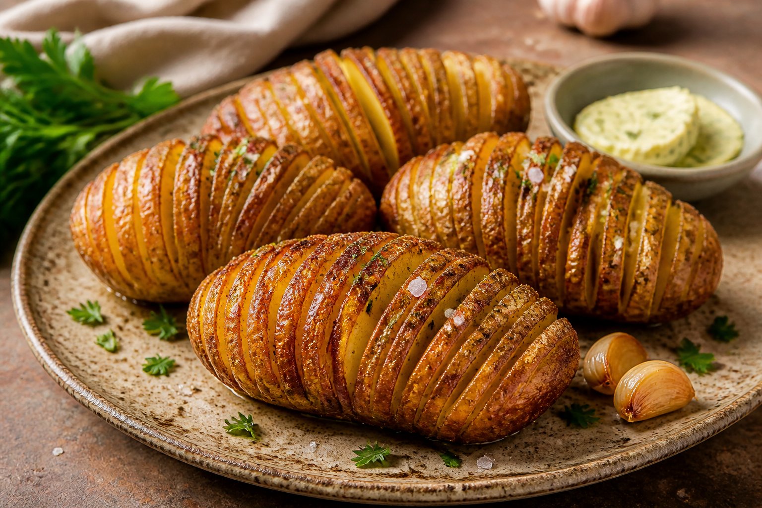 Golden Hasselback potatoes with crisp accordion-cut edges, herbs, and roasted garlic on a serving platter.