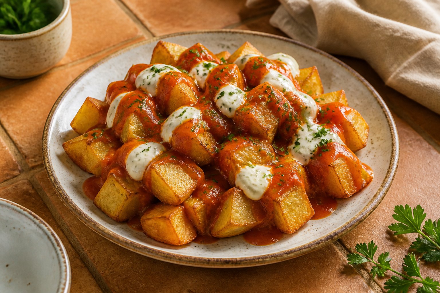 A plate of golden fried potato cubes topped with red sauce, white aioli, and parsley.