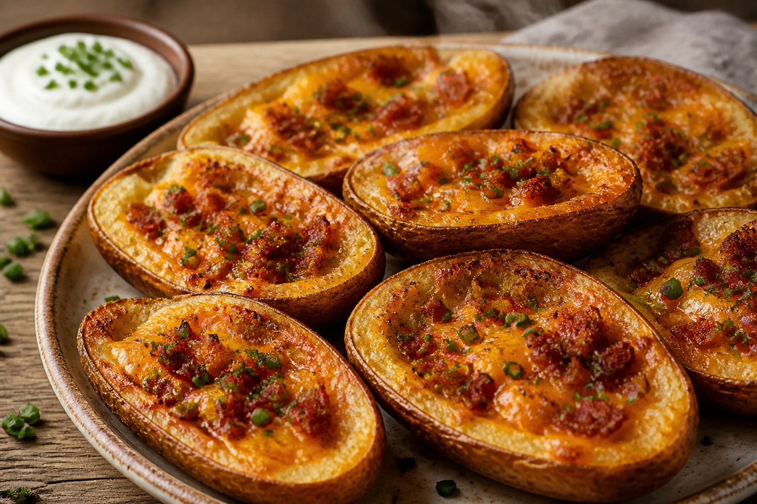 A platter of crispy potato skins topped with melted cheddar, bacon, and chives, served with sour cream.