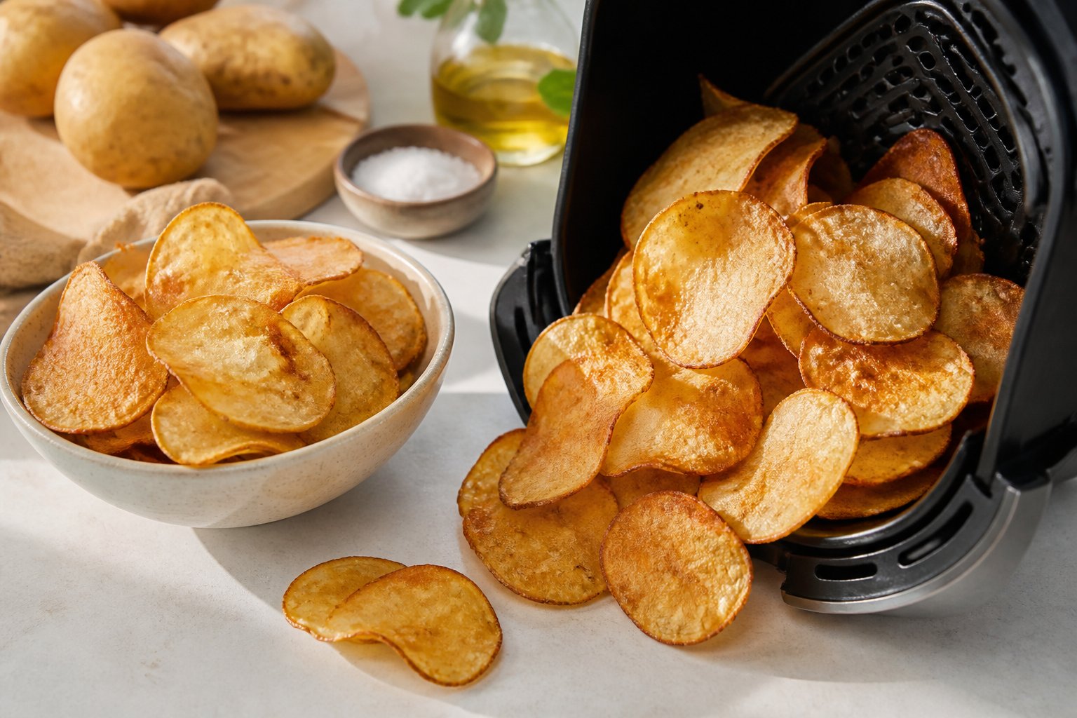 A bowl and air-fryer basket filled with golden homemade potato chips on a kitchen counter.