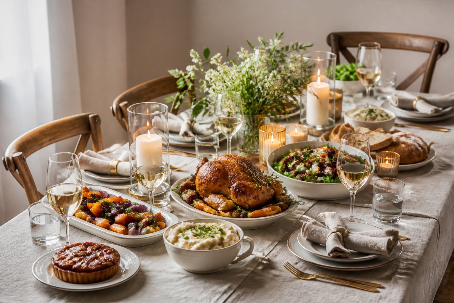 An elegantly set dinner table with candles, flowers, and a variety of inviting dishes.