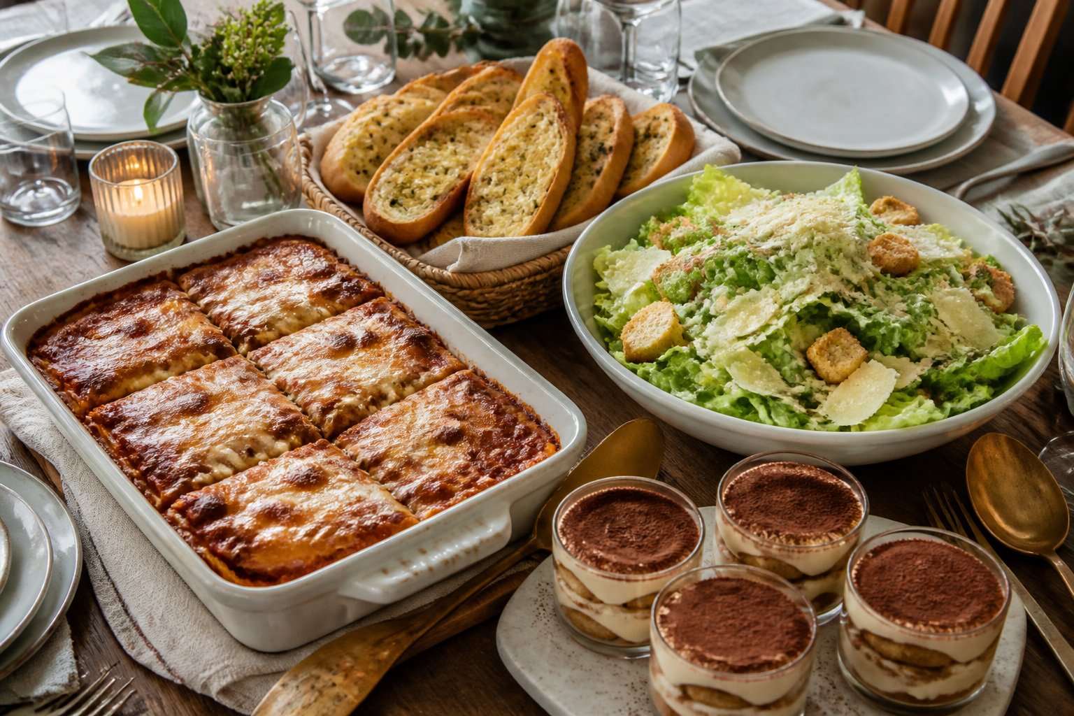 A dinner party table set with lasagna, Caesar salad, garlic bread, and tiramisu.