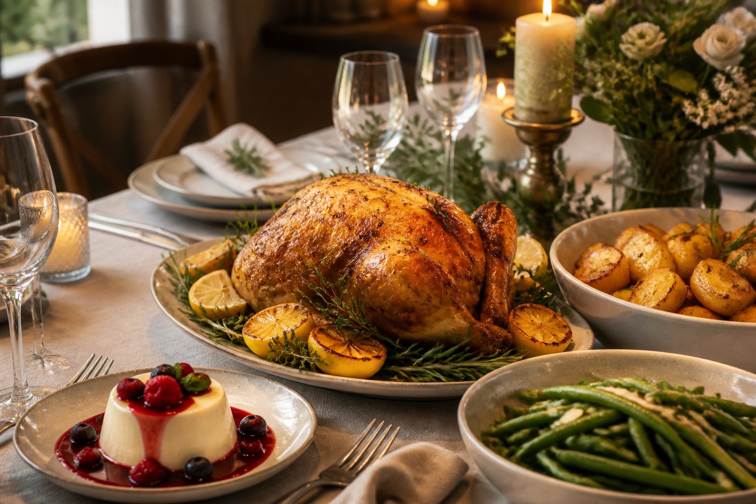 A roast chicken dinner with lemon, potatoes, green beans, and panna cotta arranged on an elegant dining table.
