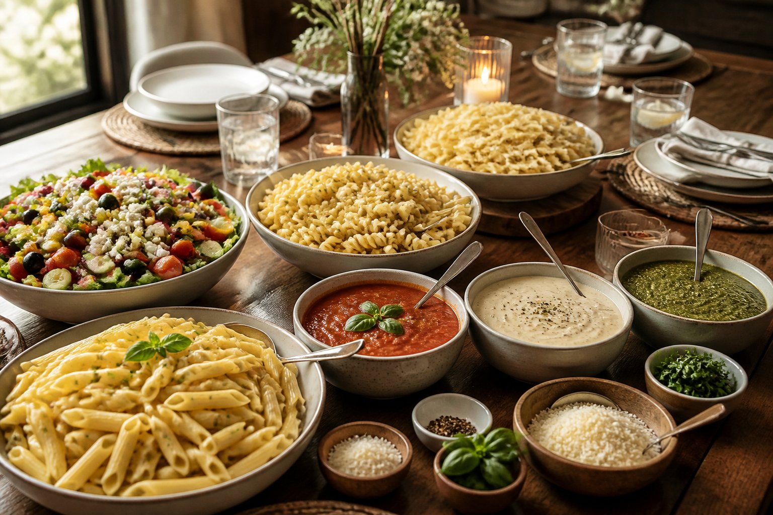 A dinner party table with pasta, three sauces, toppings, and a colorful Italian chopped salad.