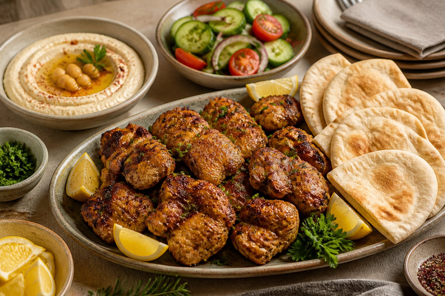A platter of roasted chicken shawarma with pita, hummus, and cucumber salad on a dinner table.