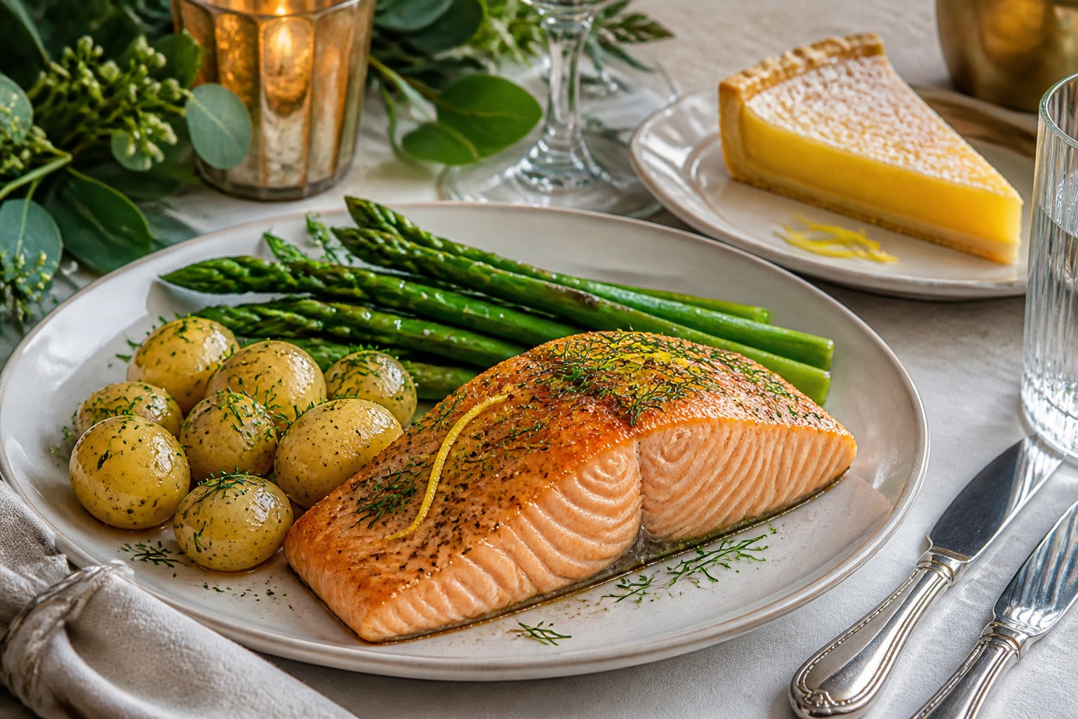 A dinner party table featuring baked salmon with dill potatoes and asparagus, accompanied by a slice of lemon tart.