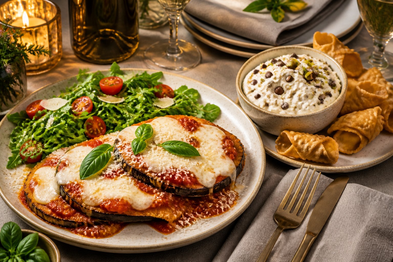 A dinner table featuring vegetarian eggplant Parmesan, arugula salad, and a bowl of cannoli dip with dipping shells.