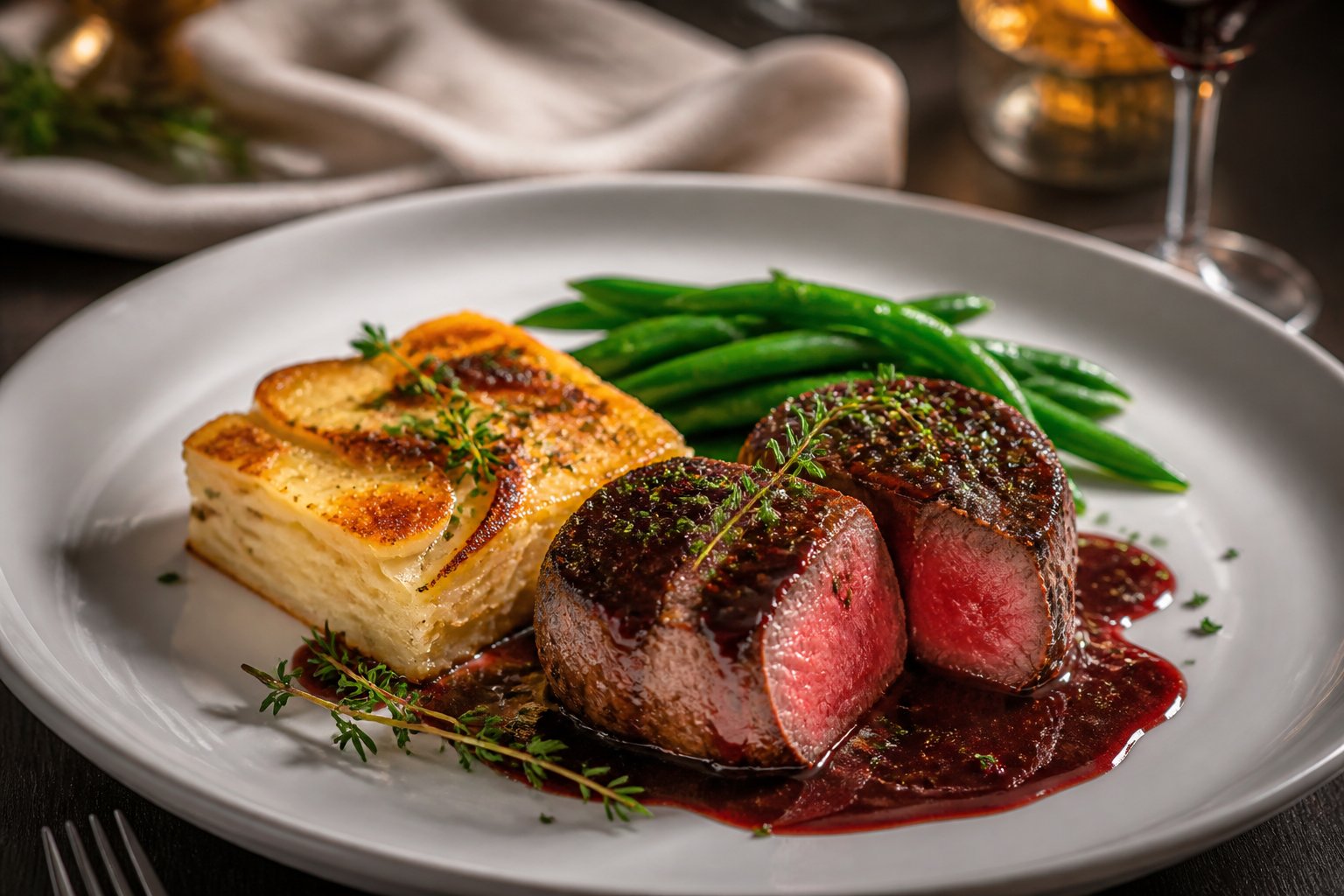 Sliced beef tenderloin with red wine sauce, potato gratin, and green beans on an elegant dinner plate.
