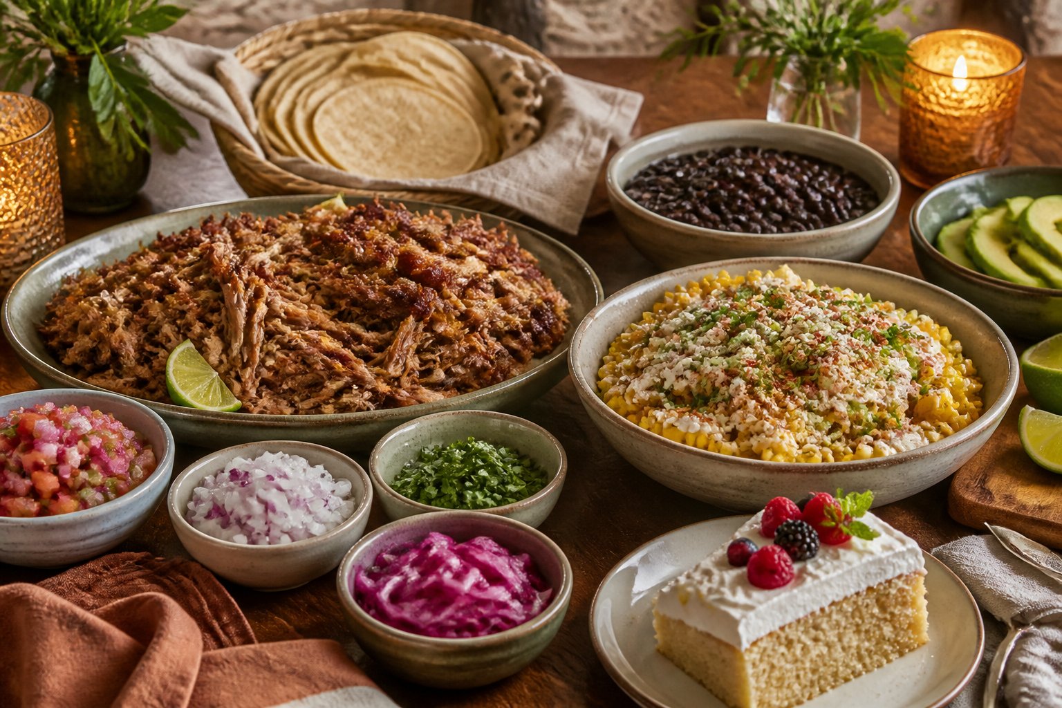 A festive taco bar with carnitas, black beans, elote, tortillas, toppings, and tres leches cake arranged on a dining table.