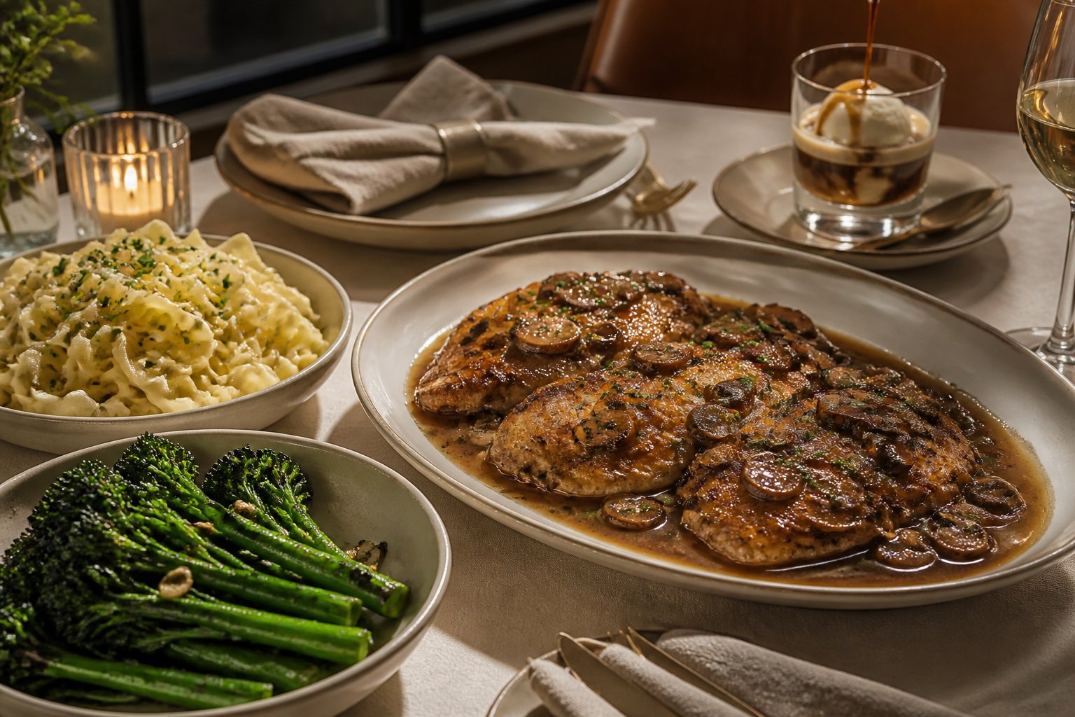An elegant table set with chicken Marsala, buttered noodles, broccolini, and an affogato dessert.