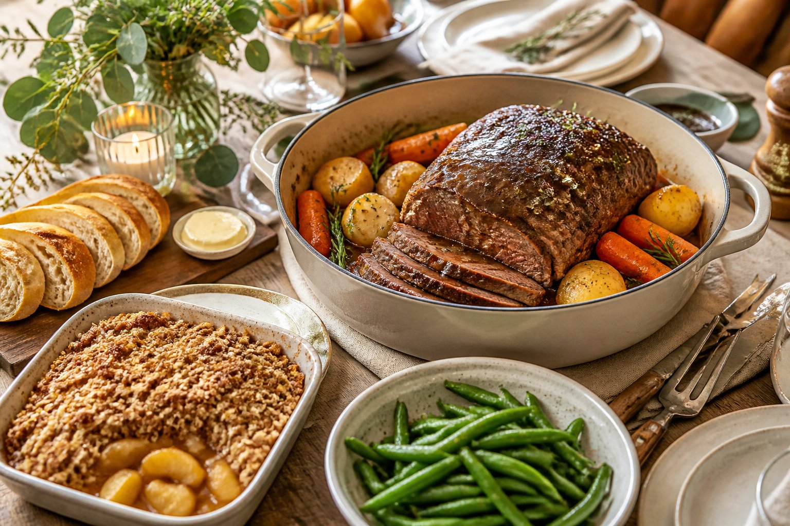A dinner table featuring Dutch oven pot roast with carrots and potatoes alongside a warm apple crisp.