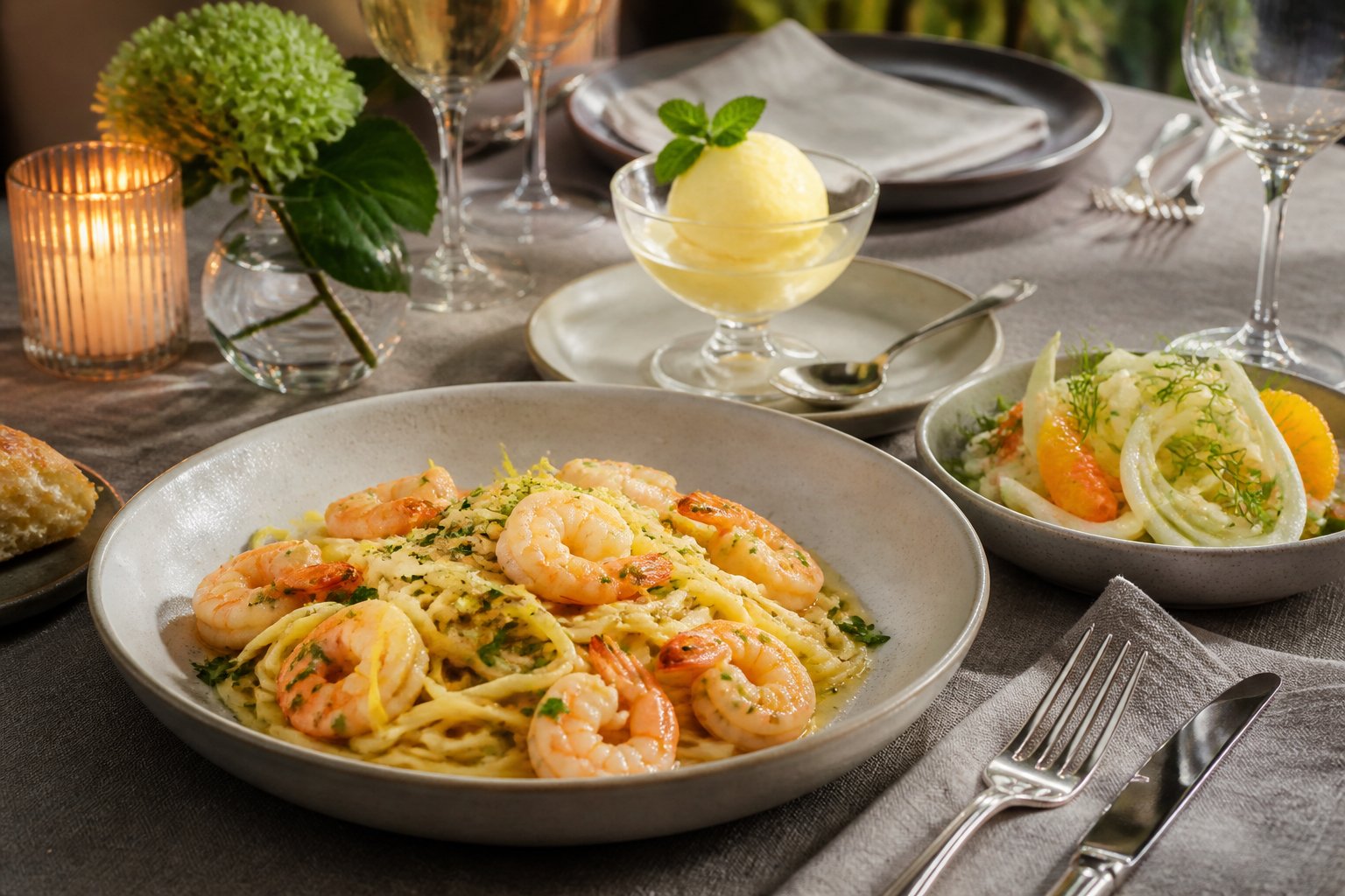 A dinner table featuring shrimp scampi with linguine, fennel salad, and lemon sorbet.