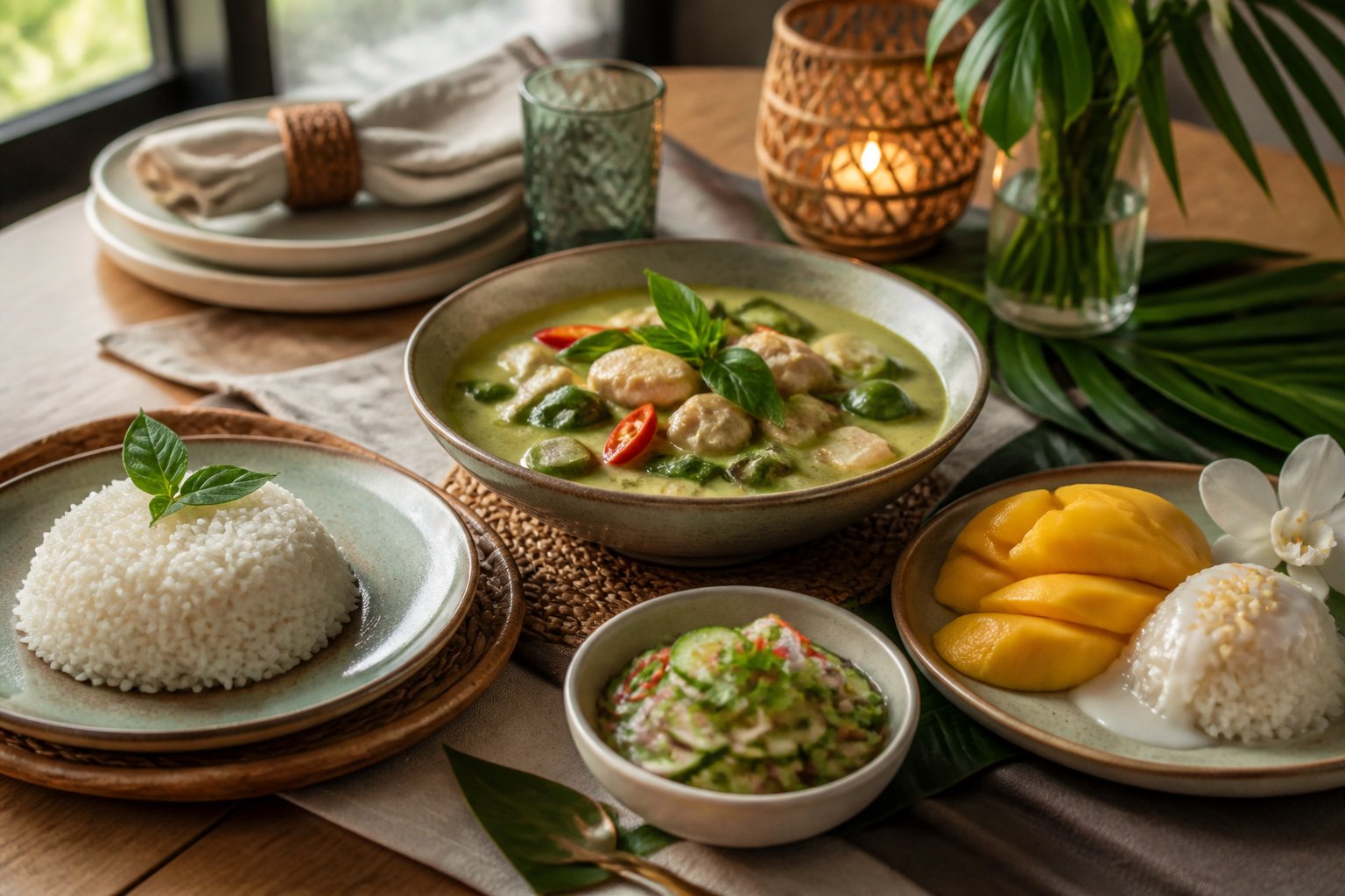 A Thai dinner spread featuring green curry, jasmine rice, cucumber relish, and mango sticky rice.