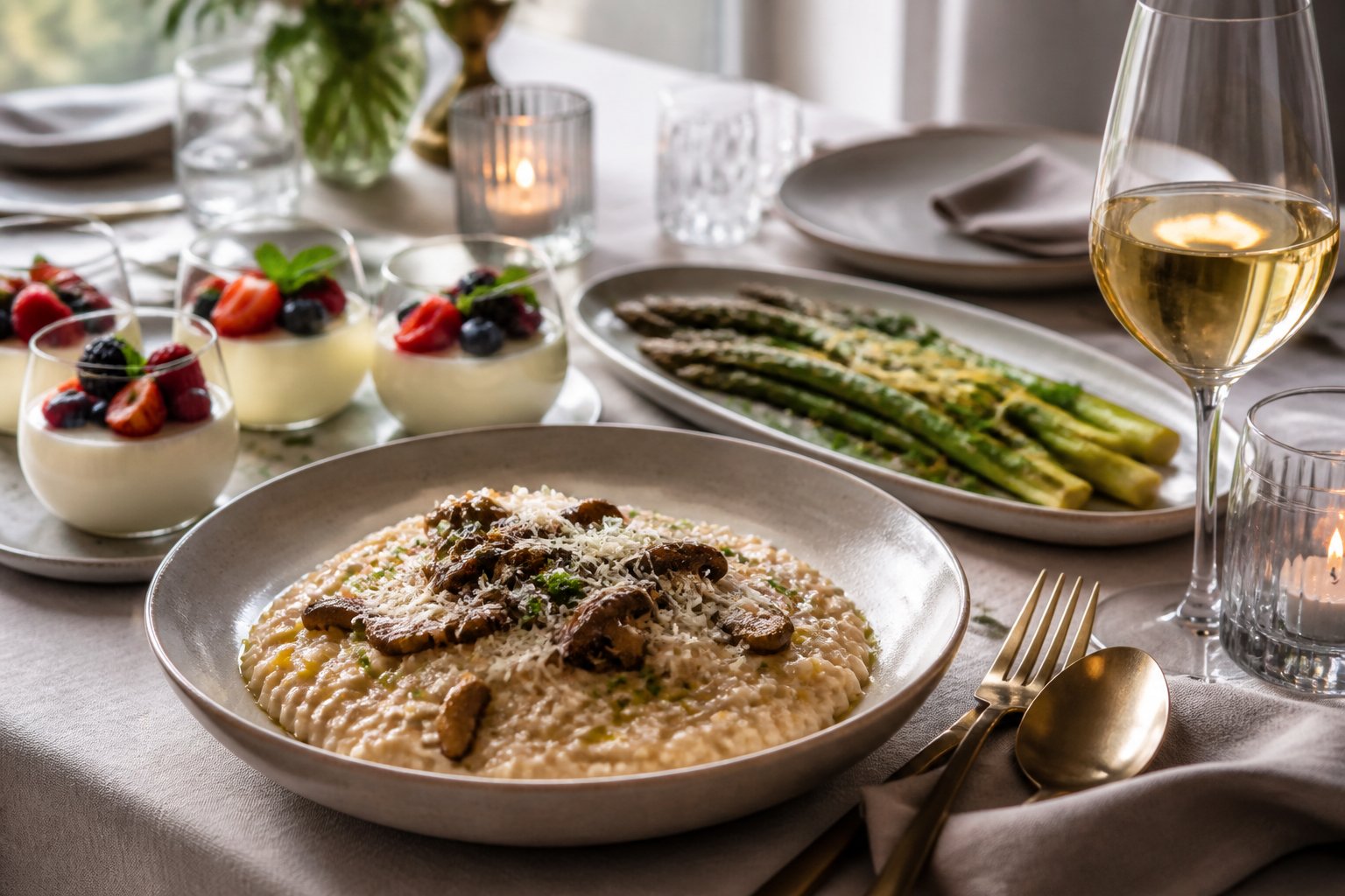 An elegant dinner table with mushroom risotto, roasted asparagus, and individual servings of buttermilk panna cotta.