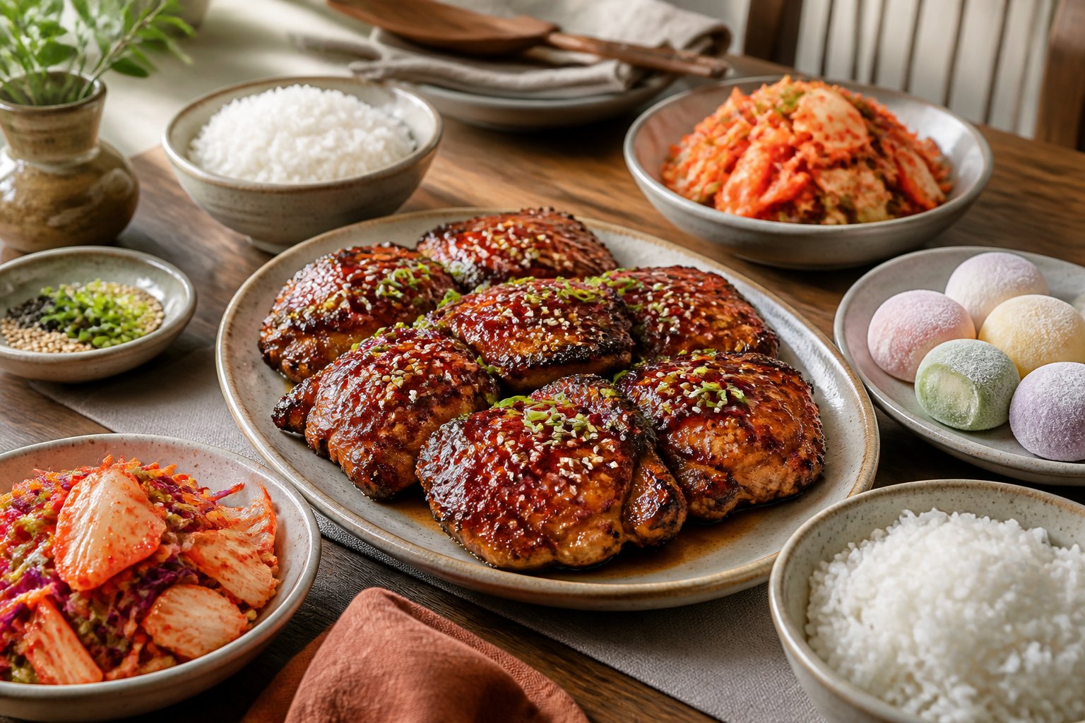 A dinner table featuring glazed Korean BBQ chicken, white rice, kimchi slaw, and colorful mochi ice cream.