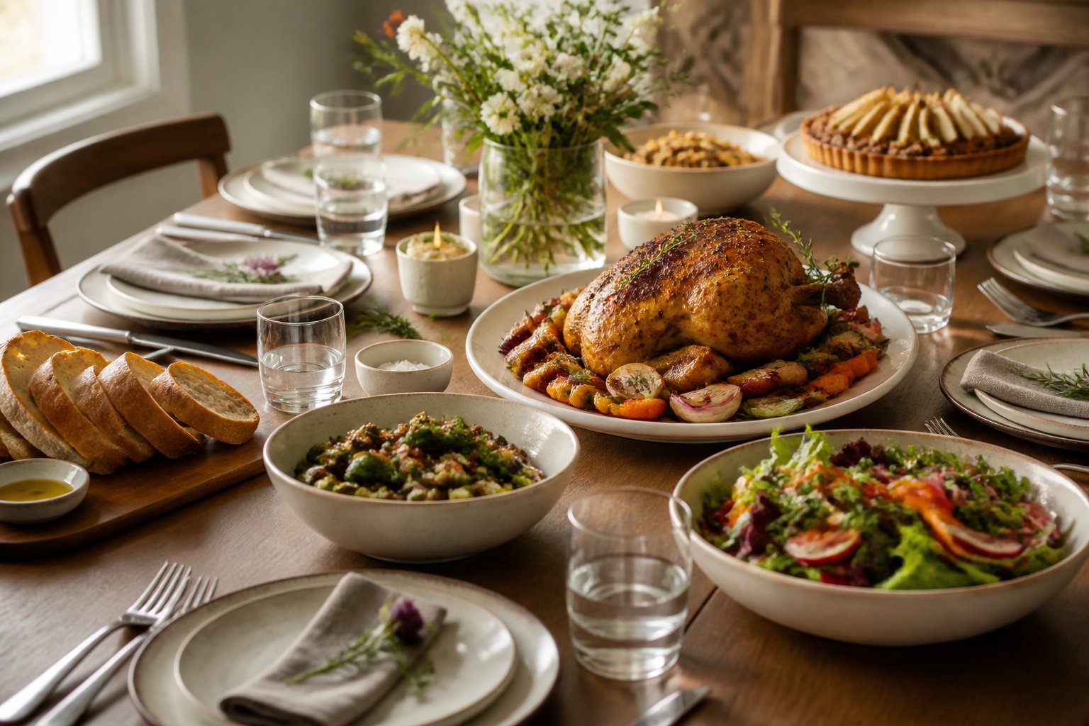 An elegant dinner table set with a variety of colorful dishes, side plates, bread, and dessert.
