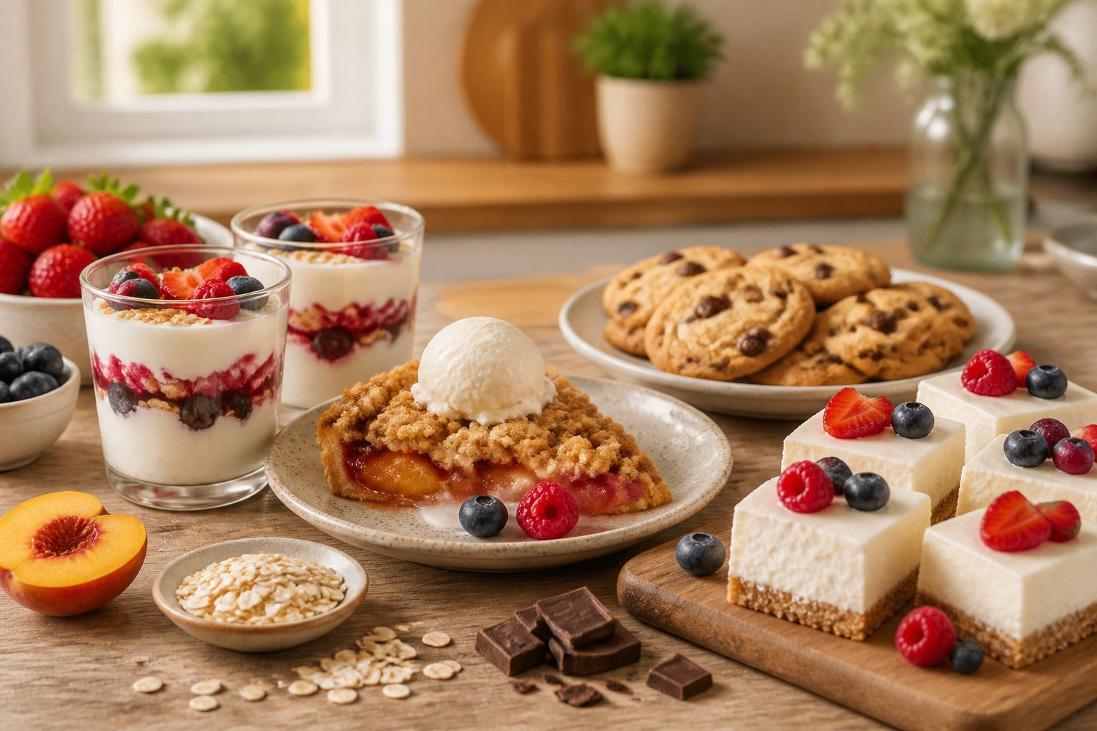 An assortment of homemade desserts, including cookies, fruit crumble, berry parfaits, and cheesecake squares, arranged on a kitchen table.
