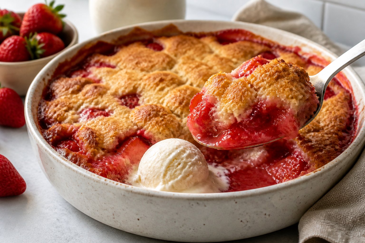 A warm strawberry dump cake with a golden topping is served with vanilla ice cream.