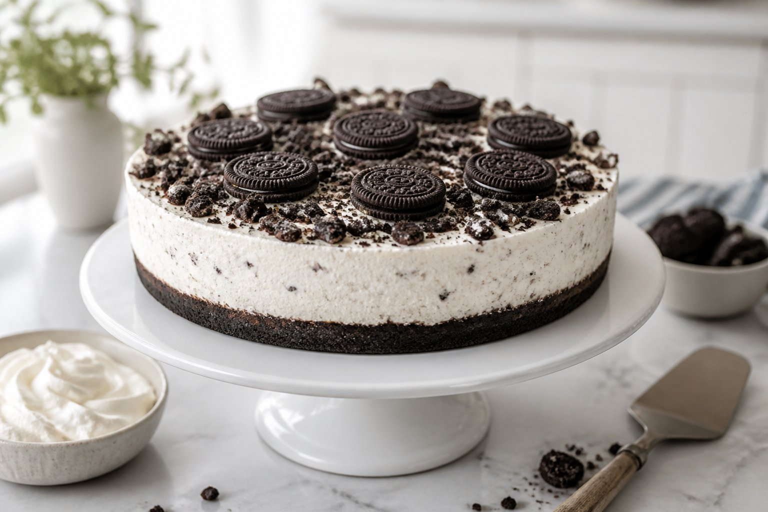 A creamy no-bake Oreo cheesecake with a chocolate cookie crust and crushed cookies on top, displayed on a cake stand.