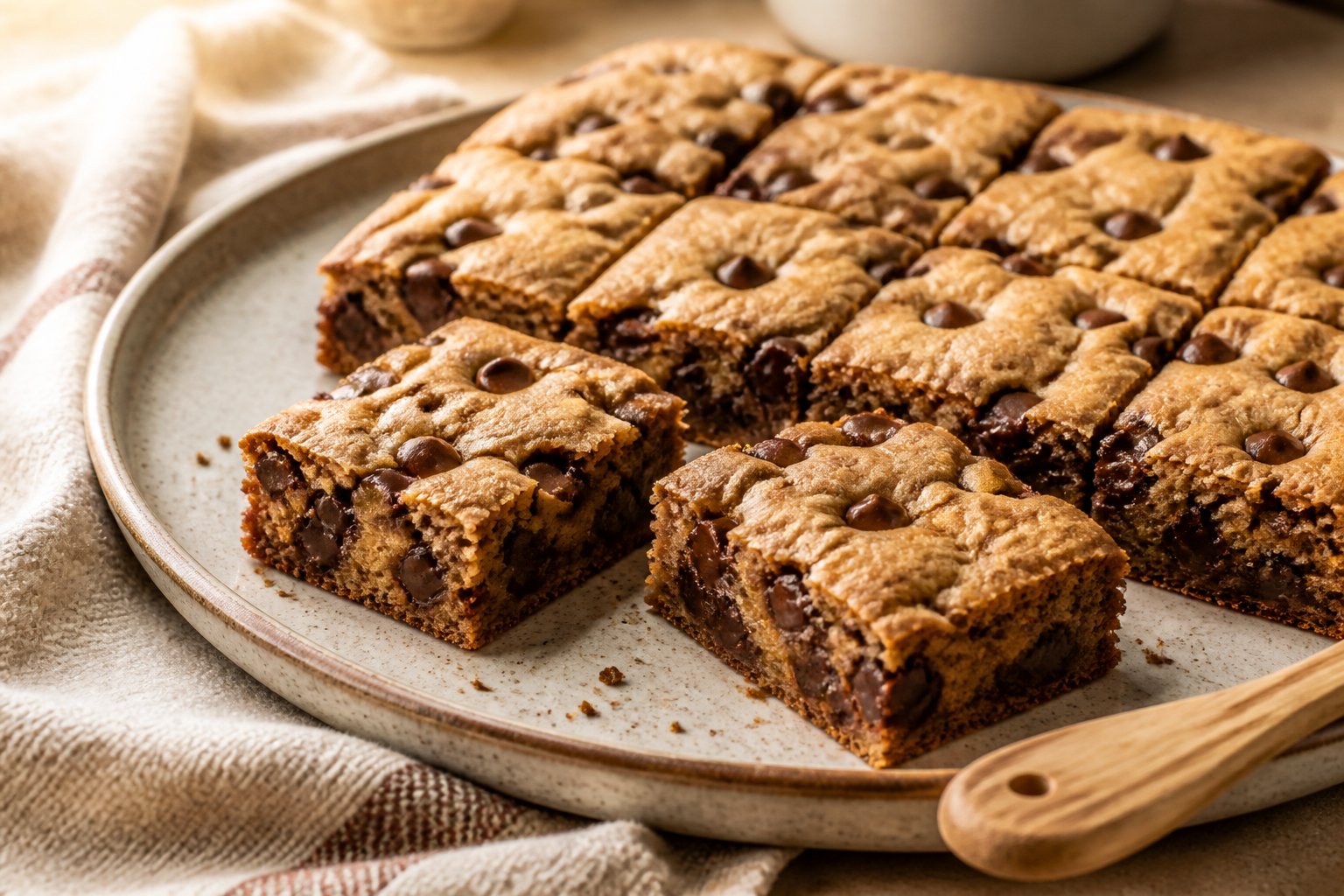 Golden chocolate chip cookie bars arranged on a serving platter.