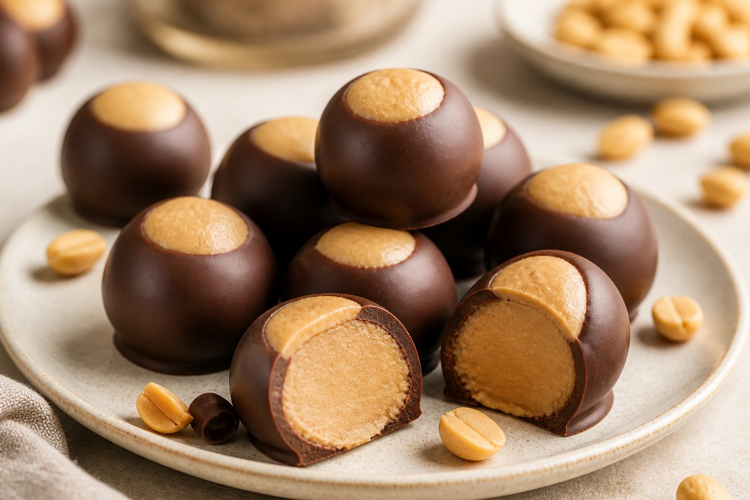 Chocolate-dipped peanut butter buckeyes arranged on a plate, with one cut open to show the creamy peanut butter center.