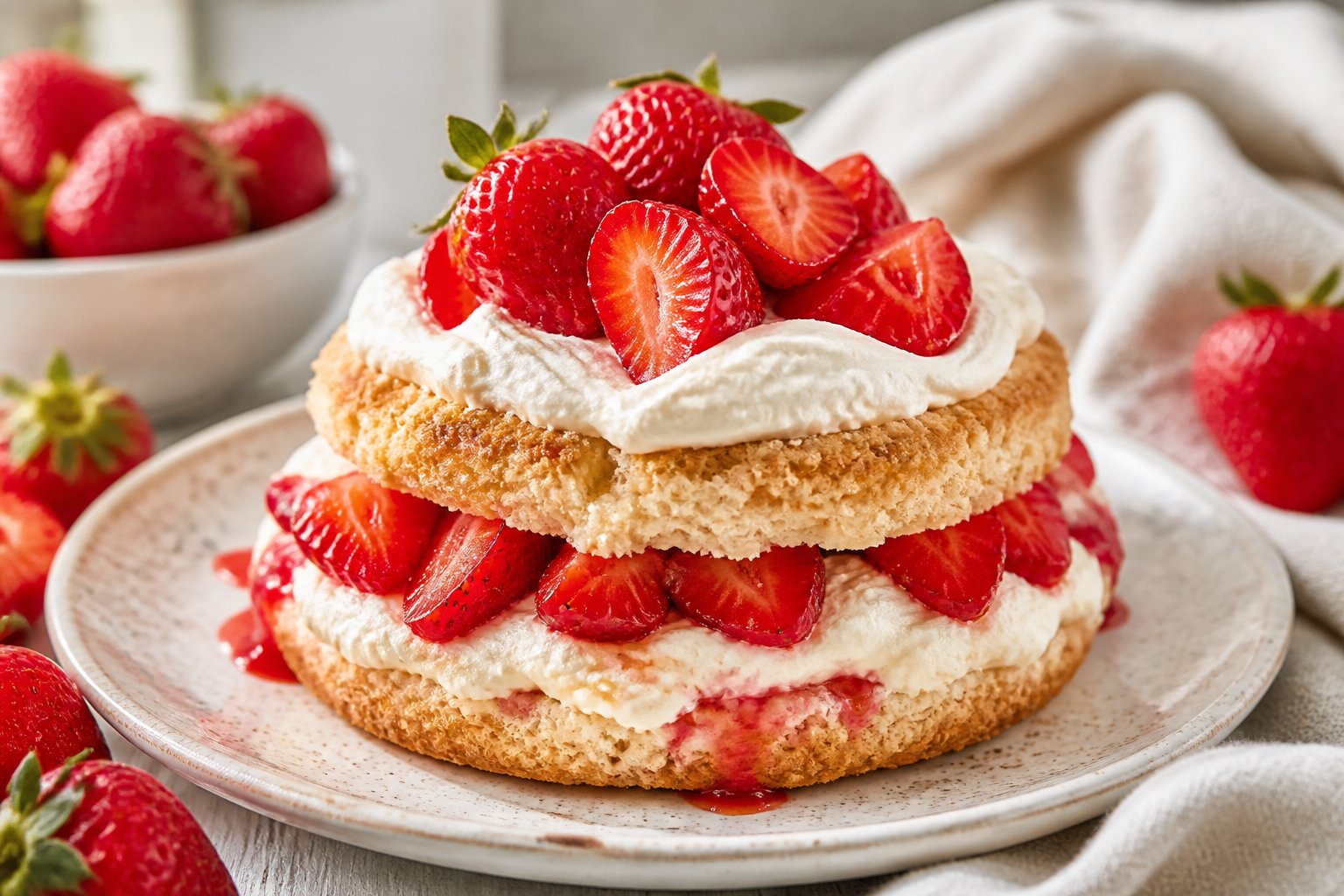 A strawberry shortcake layered with whipped cream and sliced strawberries on a white plate.