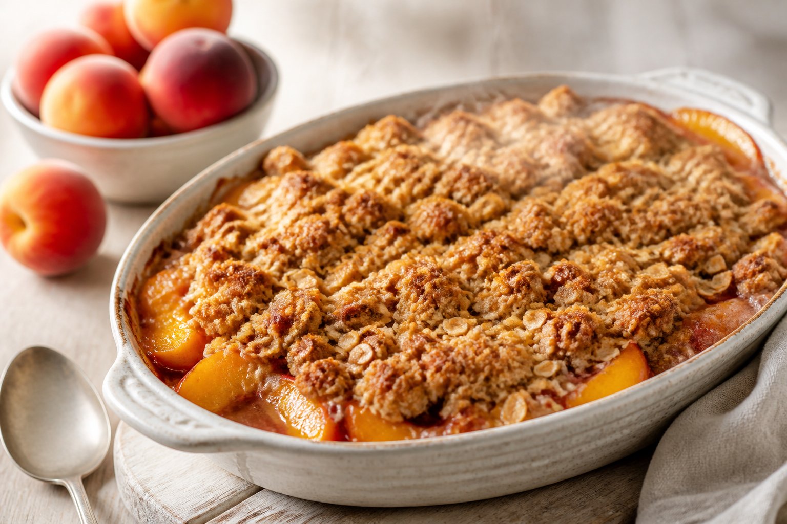 A freshly baked peach crisp with a golden crumb topping in a ceramic baking dish.
