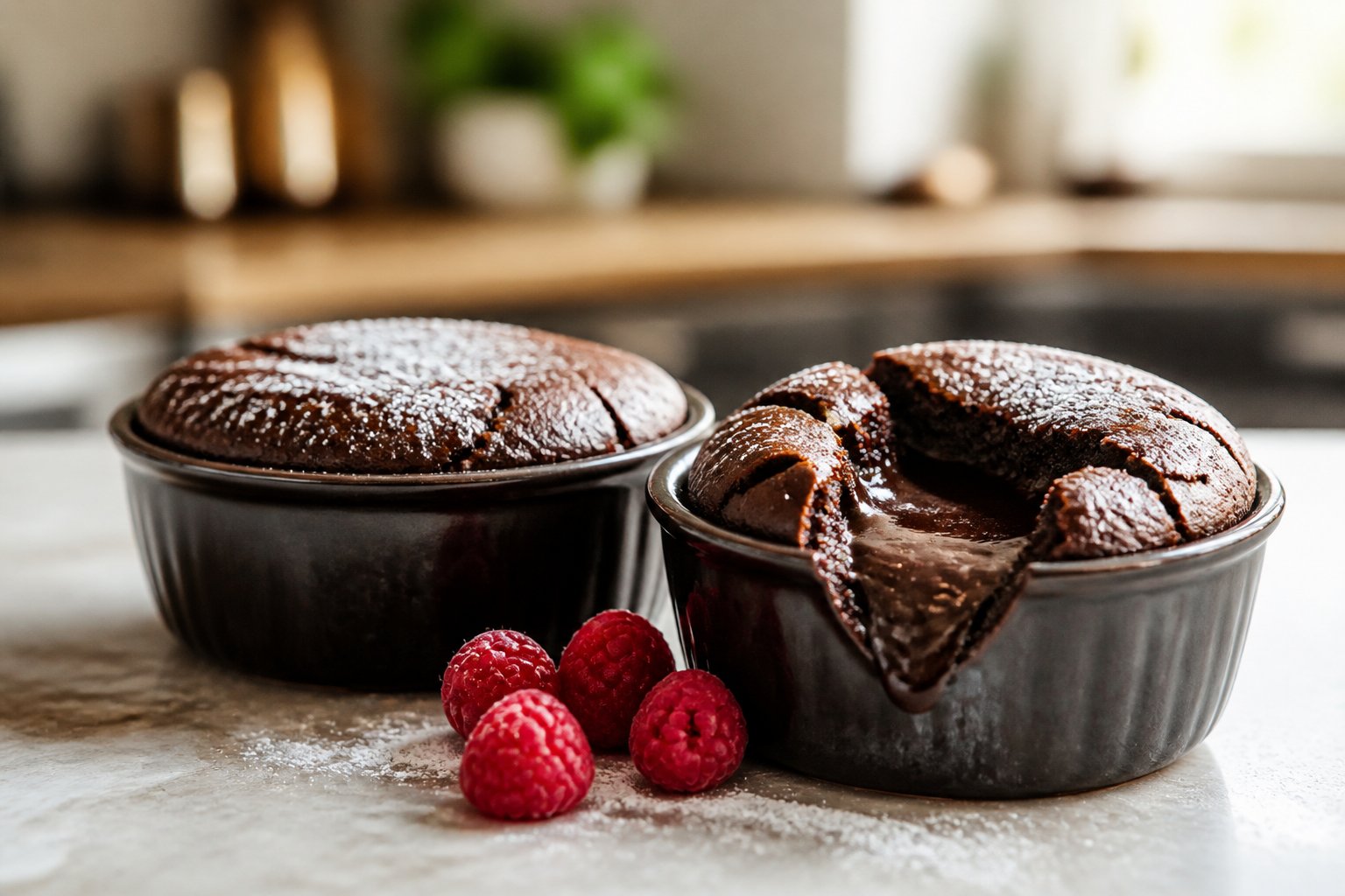Two individual chocolate fudge cakes, one cut open to show a molten chocolate center, served with raspberries.