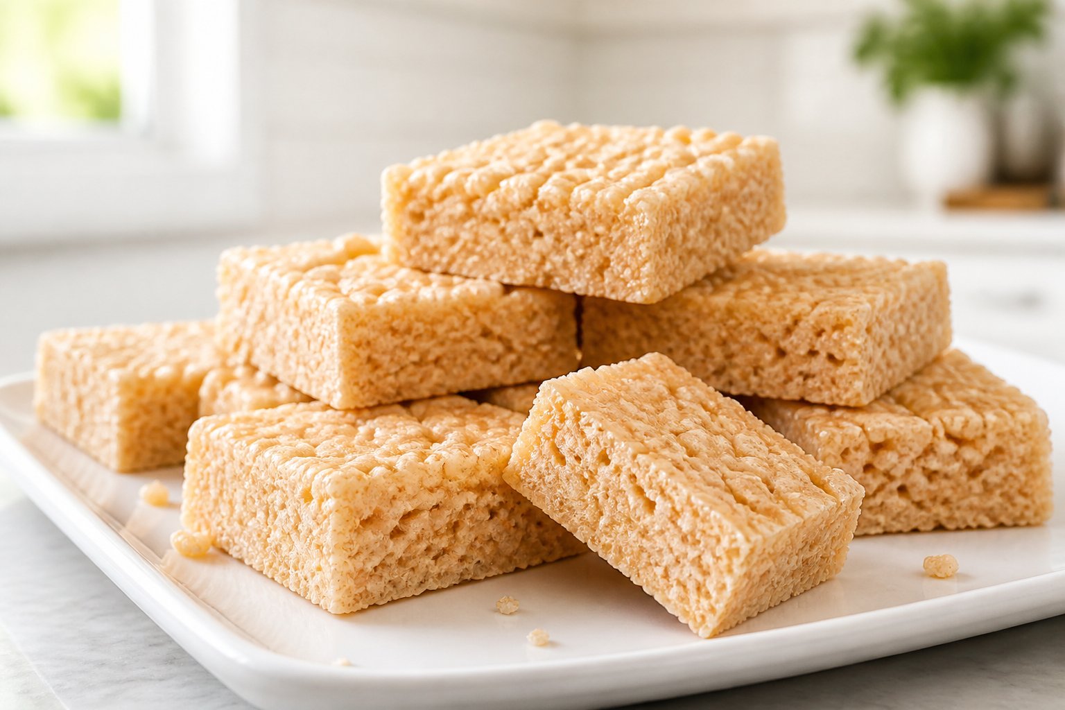 A platter of homemade Rice Krispies treats stacked and arranged on a bright kitchen surface.