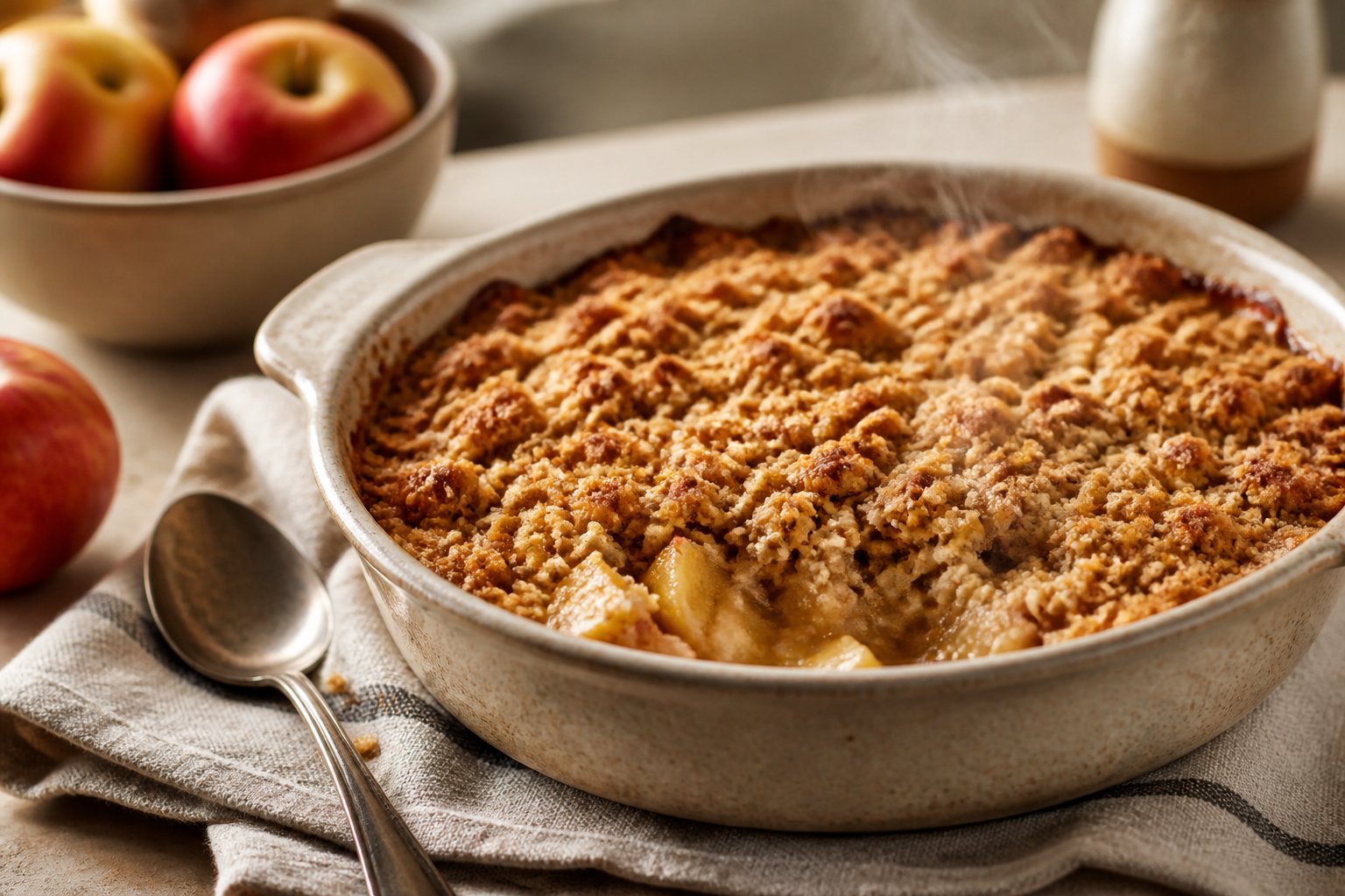A golden apple crisp in a ceramic baking dish on a kitchen table.