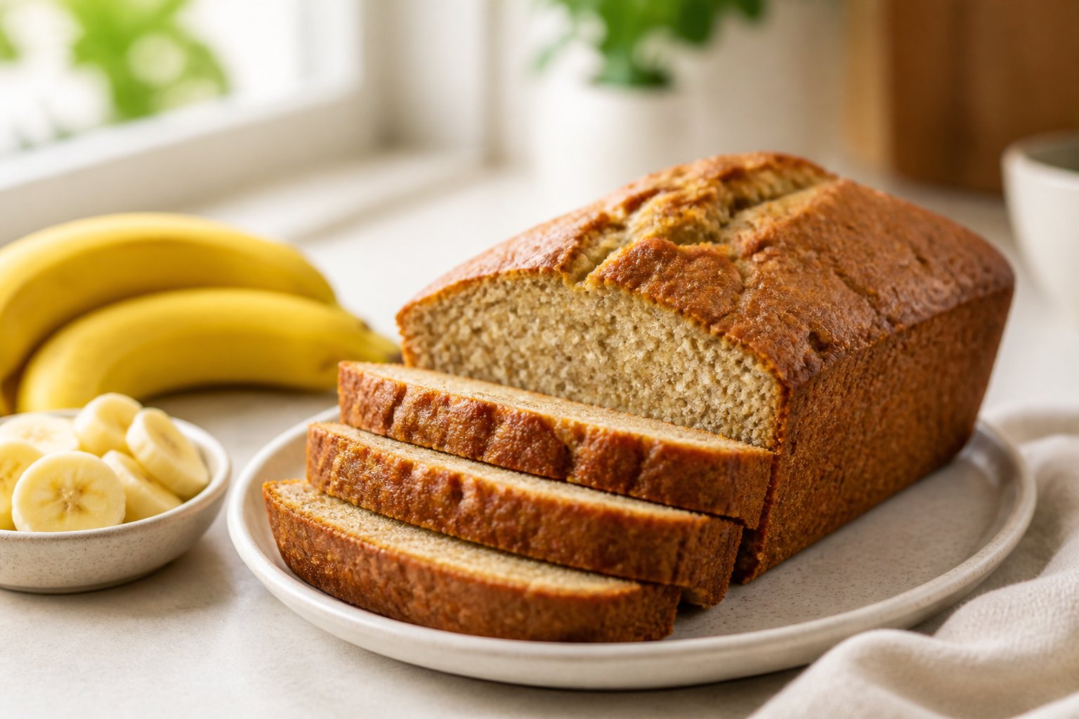 Sliced banana bread on a plate with ripe bananas on a kitchen counter.