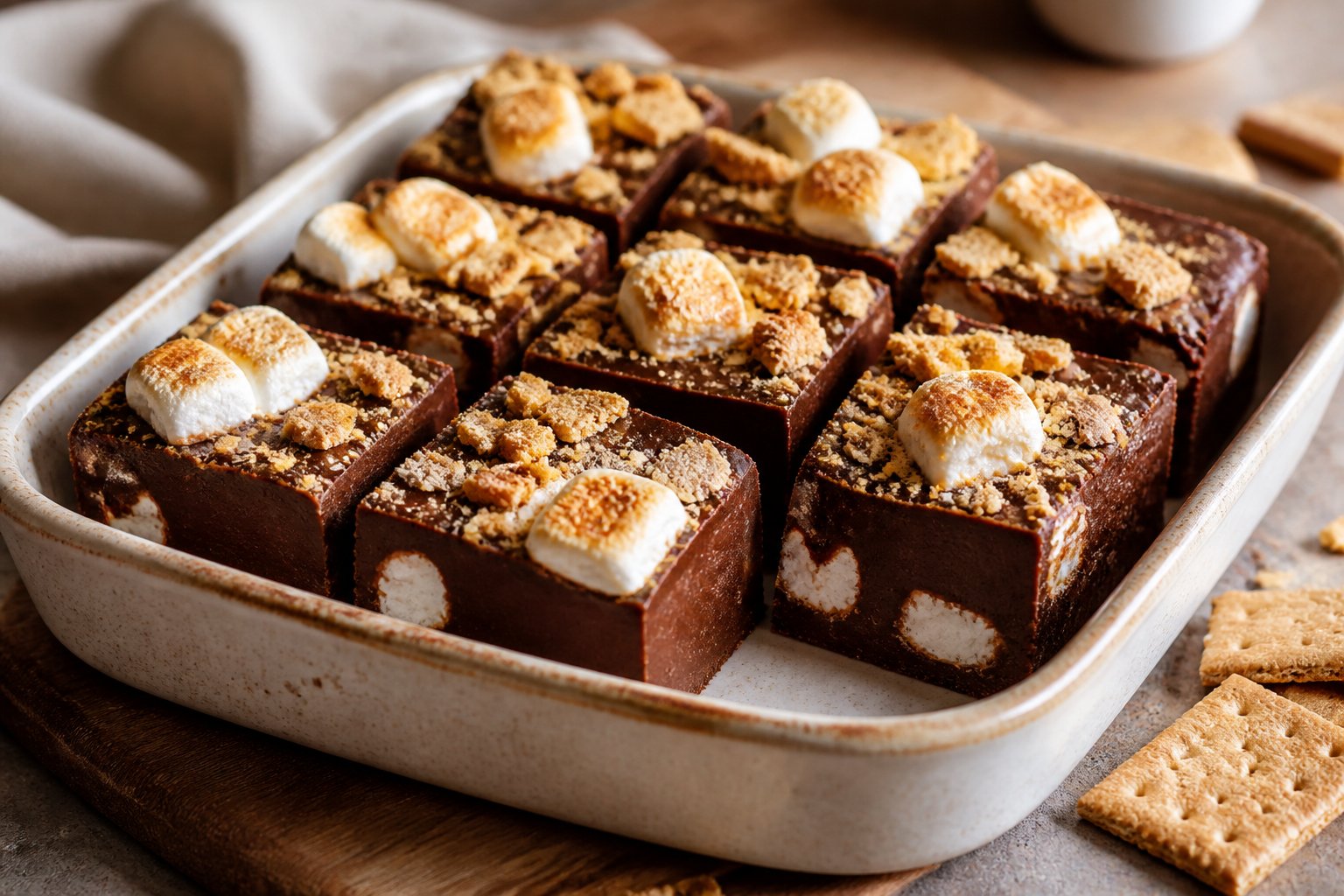 Squares of chocolate fudge topped with toasted marshmallows and graham cracker crumbs on a serving board.