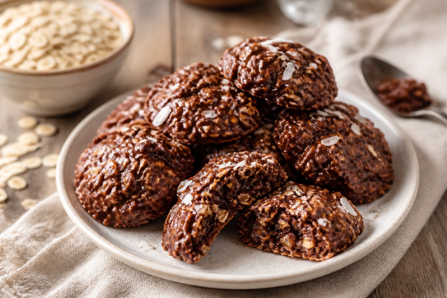 A plate of homemade chocolate oatmeal cookies on a kitchen table with oats and baking utensils nearby.