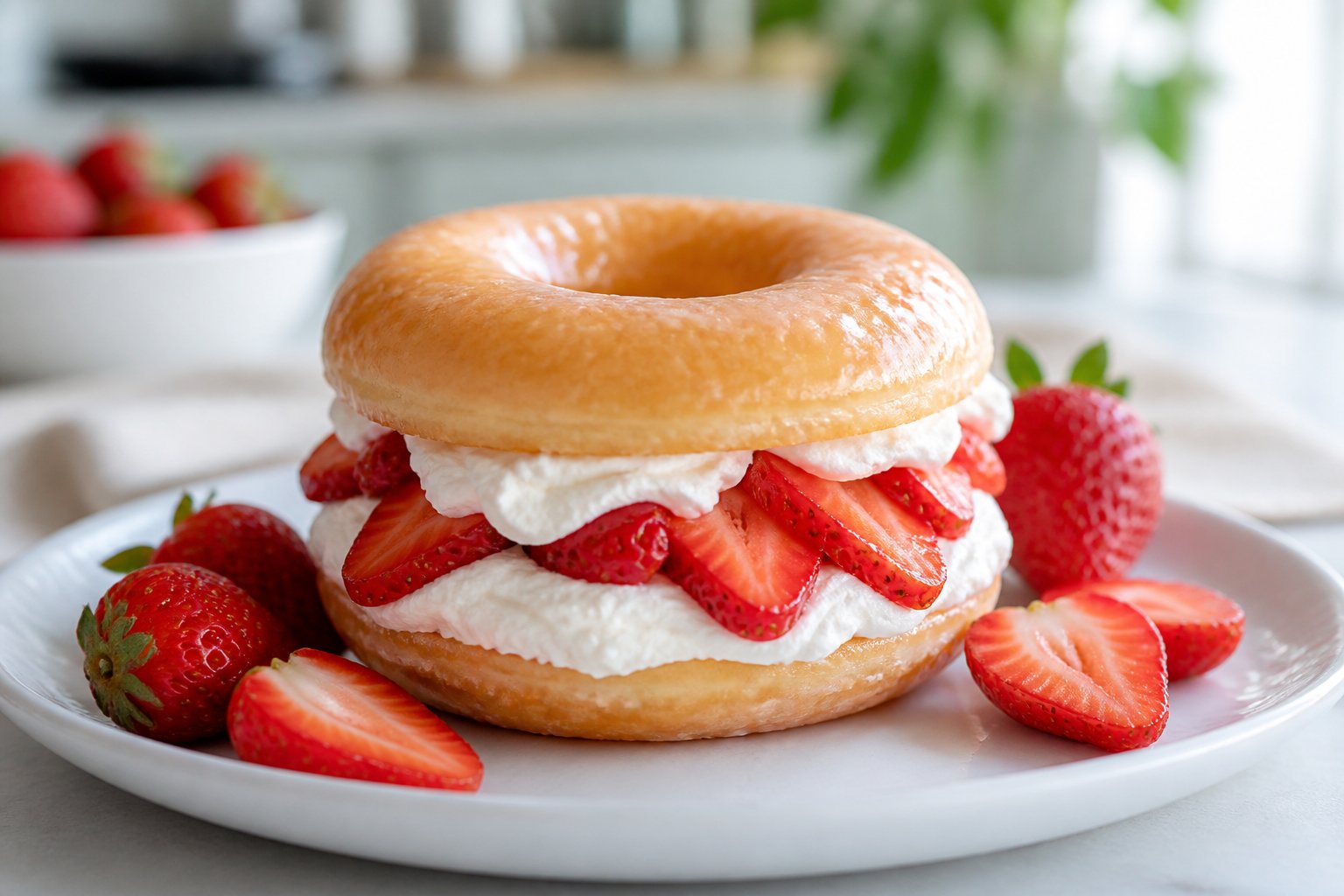 A glazed doughnut filled with whipped cream and sliced strawberries on a white plate.