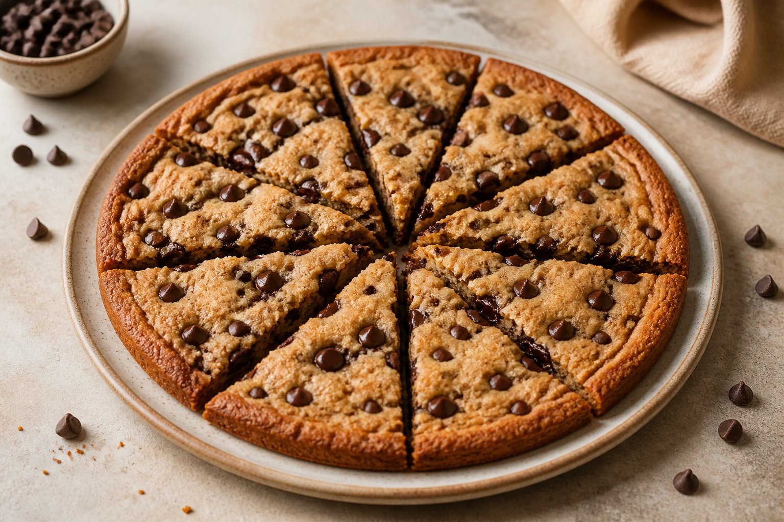 A golden chocolate chip cookie pizza cut into wedges on a ceramic plate.