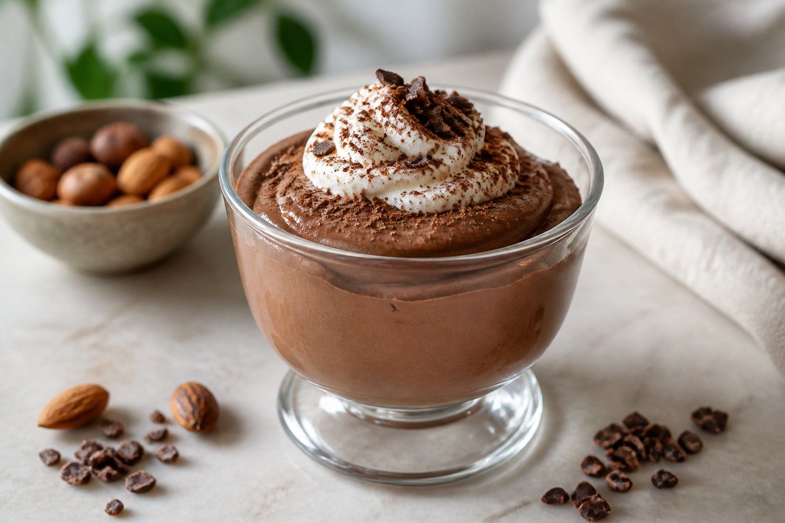 A glass cup of creamy chocolate mousse topped with whipped cream, cocoa powder, and chocolate shavings.