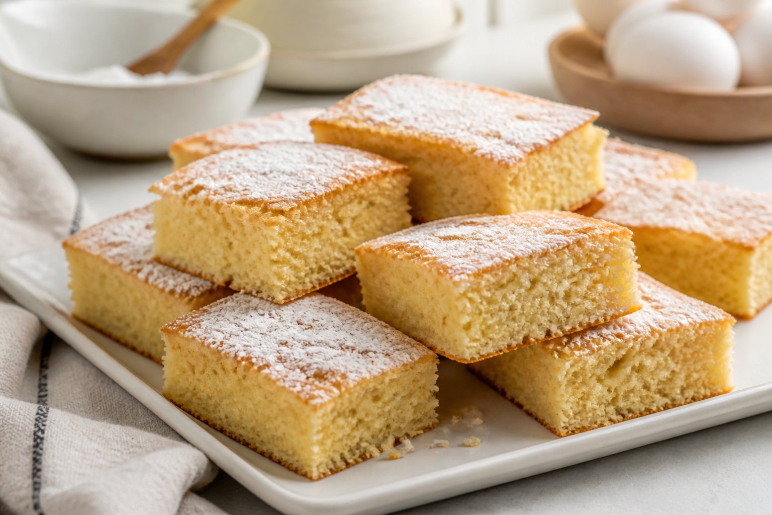 A platter of golden cake mix bars, with several pieces cut open to show their soft interior.