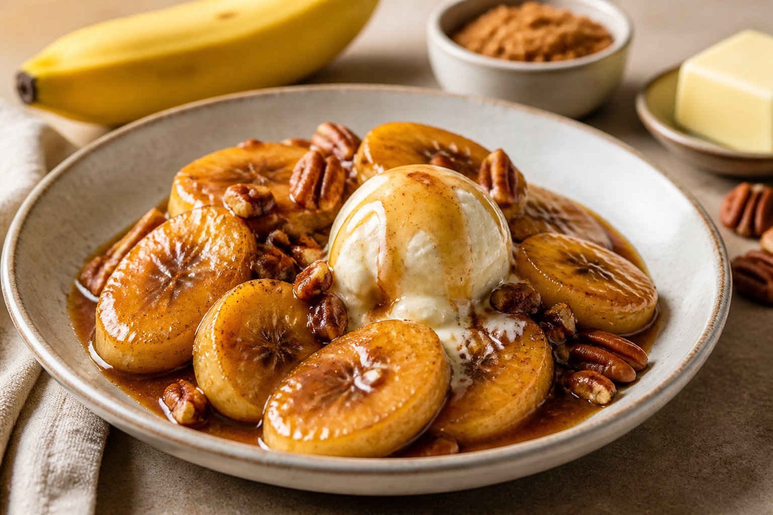 A bowl of caramelized banana slices and vanilla ice cream topped with glossy brown sauce and pecans.
