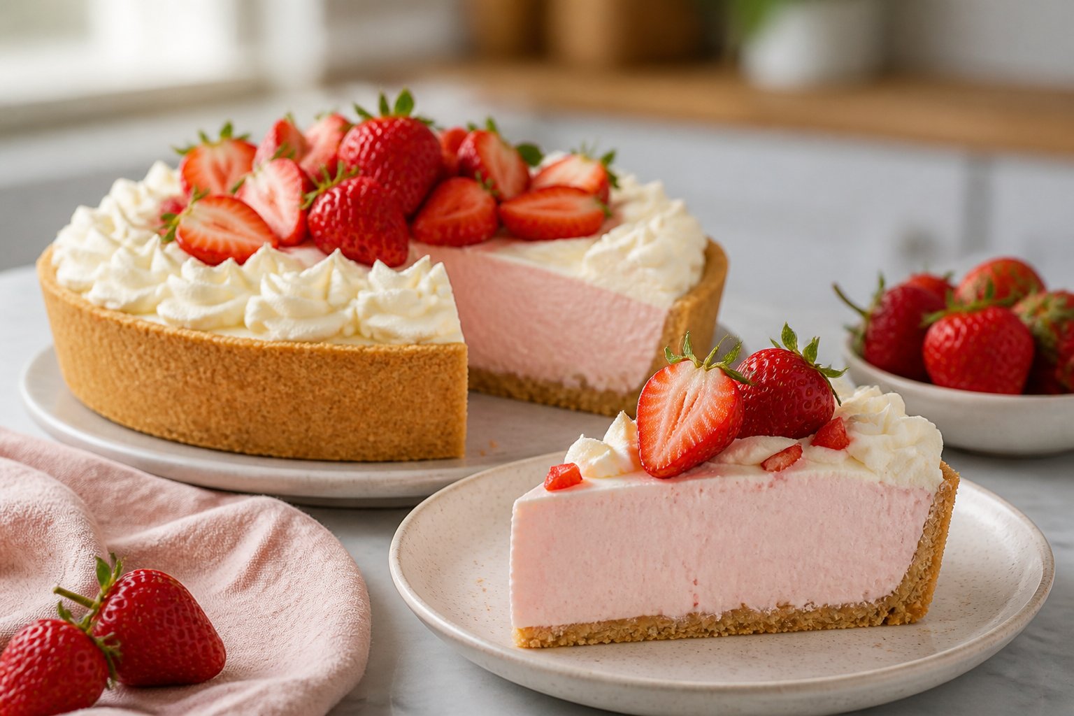 A strawberry milkshake pie with whipped cream and fresh strawberries, including one slice showing the pink filling.