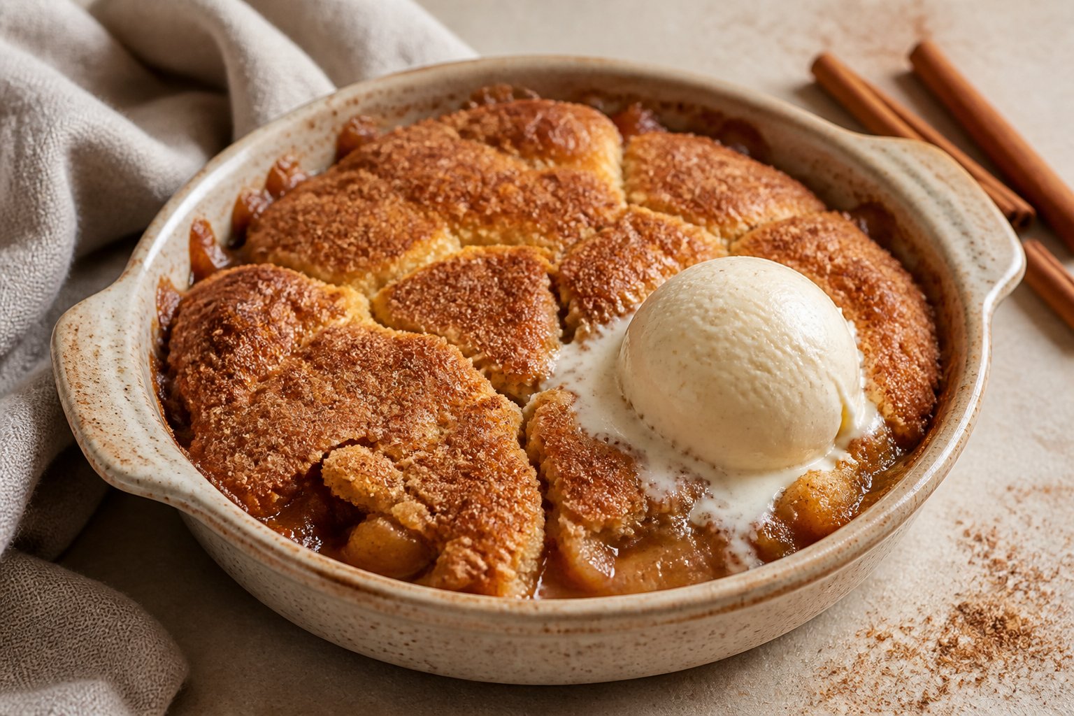 A warm snickerdoodle cobbler in a baking dish served with melting vanilla ice cream.