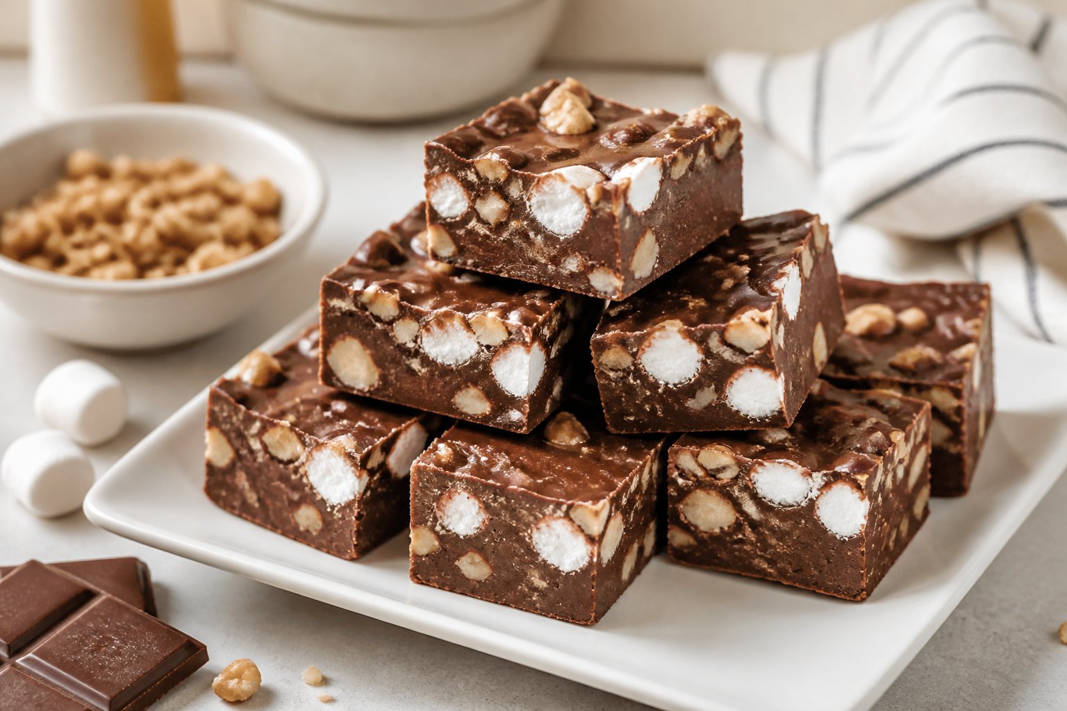 Chocolate fudge squares with marshmallows and chopped nuts arranged on a serving plate.