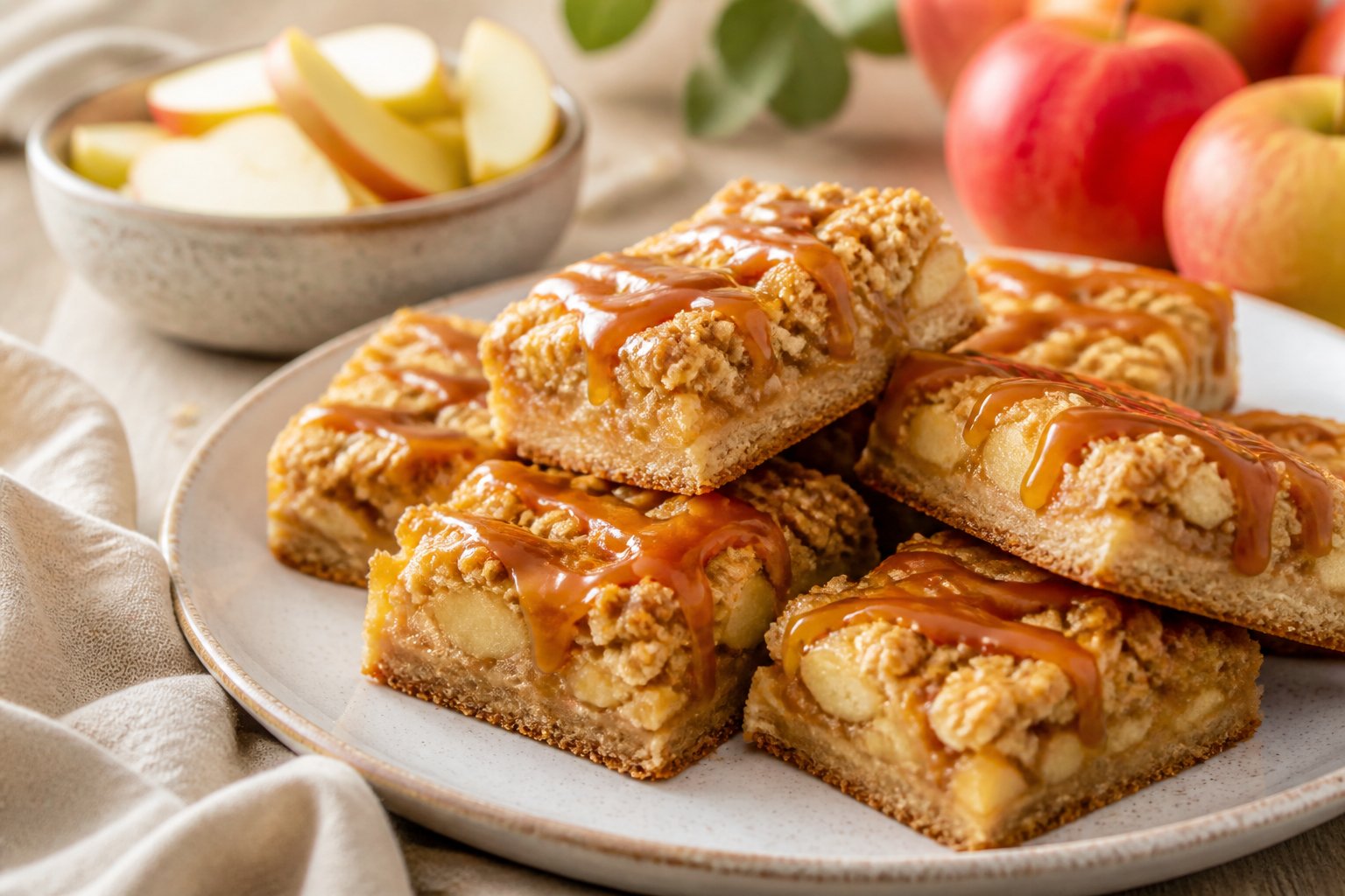 Caramel-drizzled apple bars arranged on a plate with apples and a linen napkin.