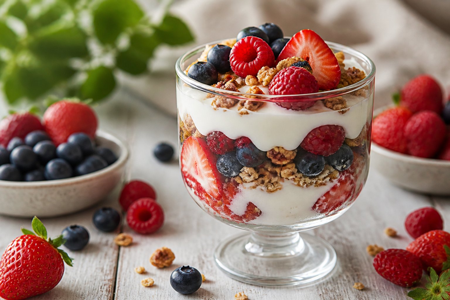 A glass parfait layered with yogurt, fresh berries, and granola on a tabletop.
