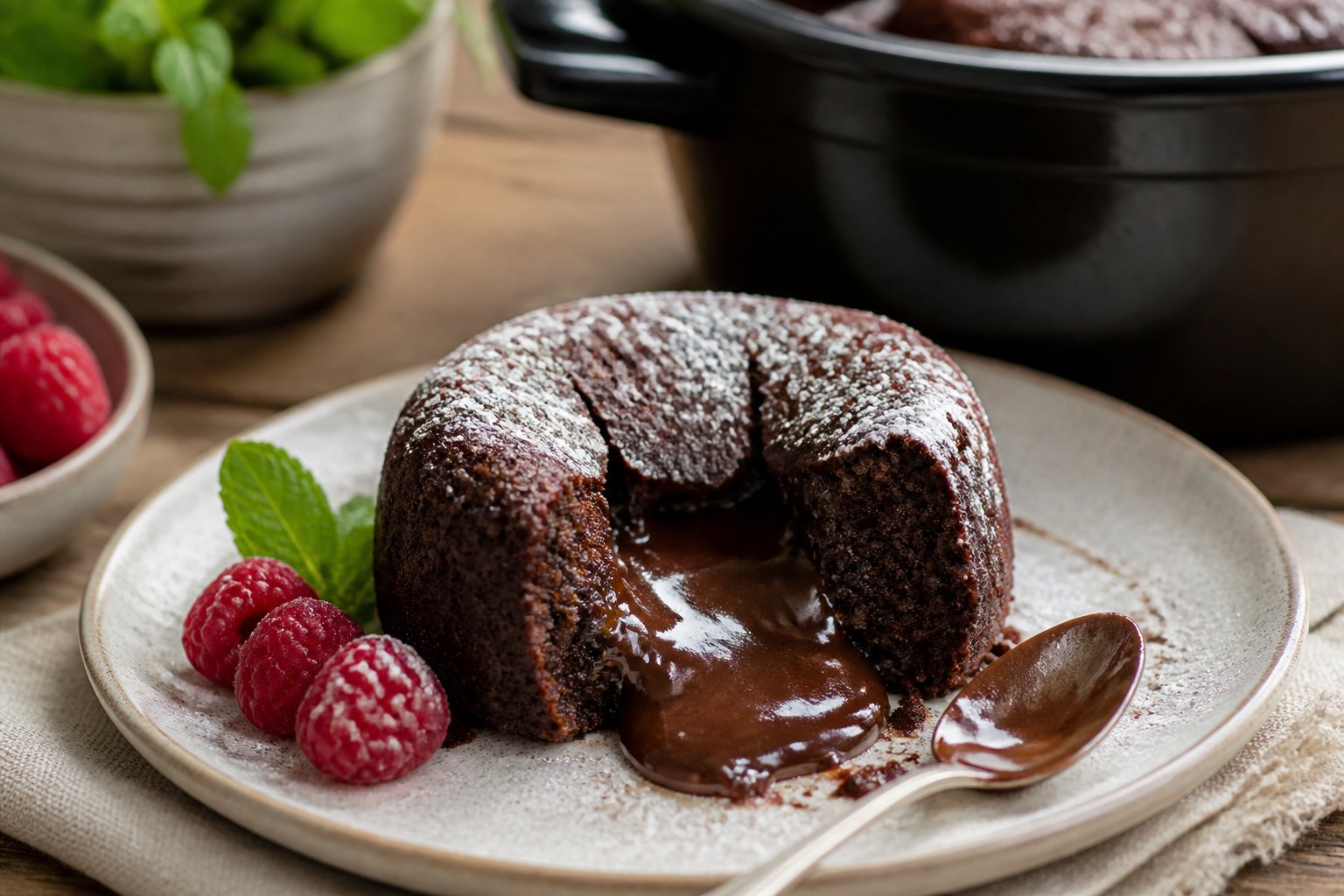 A warm chocolate lava cake with molten chocolate flowing from the center, served on a plate with raspberries.