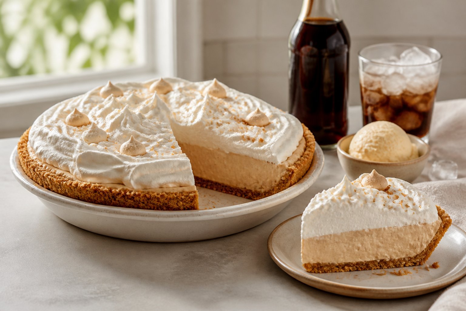 A creamy root beer float pie with whipped topping and a cut slice on a pie plate, accompanied by root beer and vanilla ice cream.