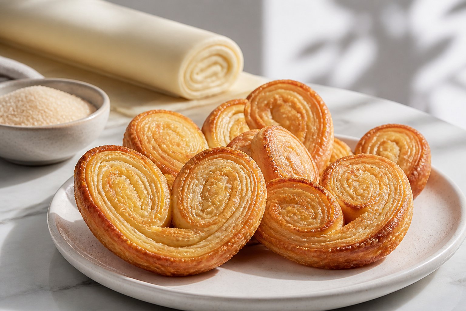 Golden heart-shaped palmiers arranged on a ceramic plate with puff pastry and sugar nearby.
