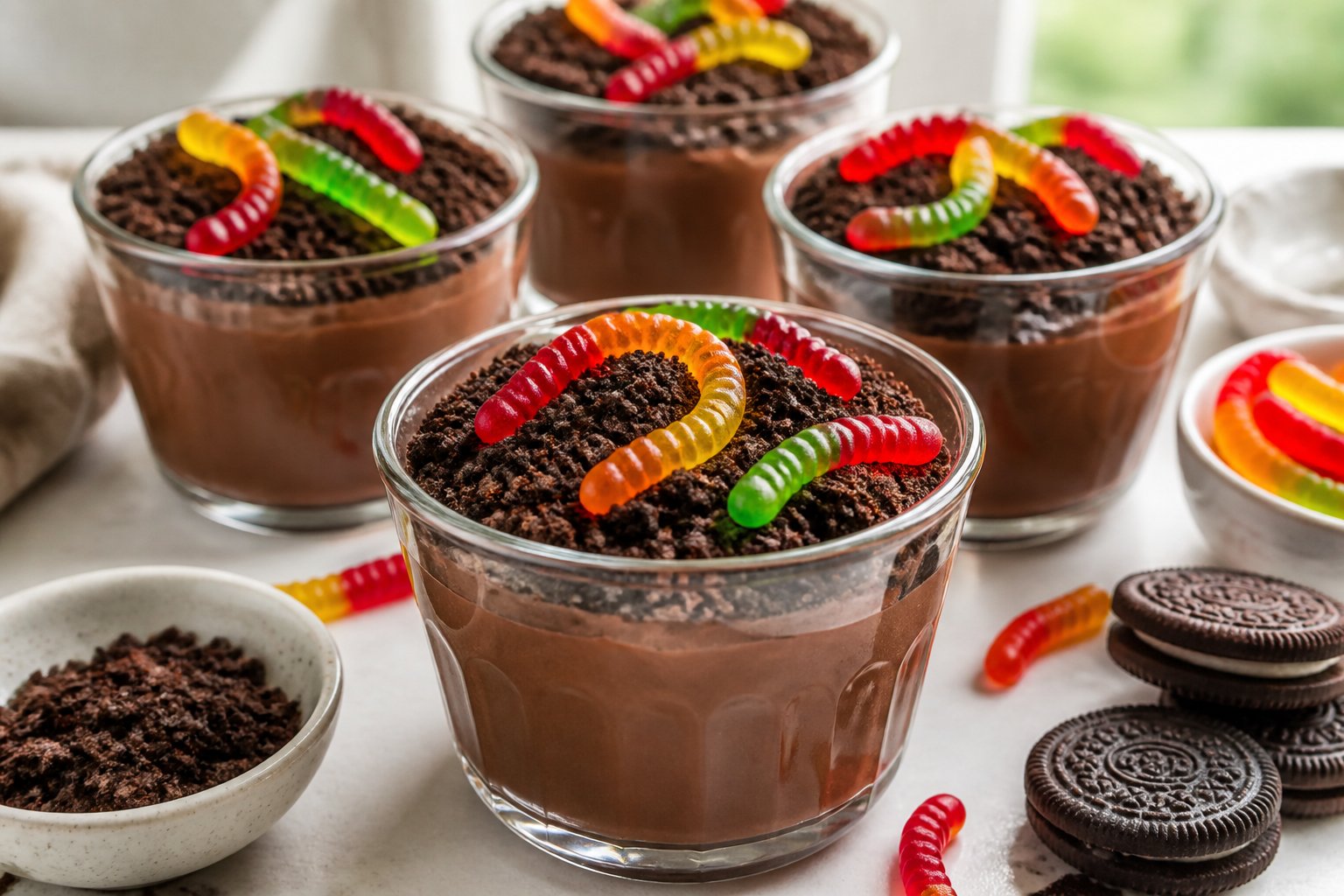 Chocolate pudding desserts topped with cookie crumbs and gummy worms in clear cups.