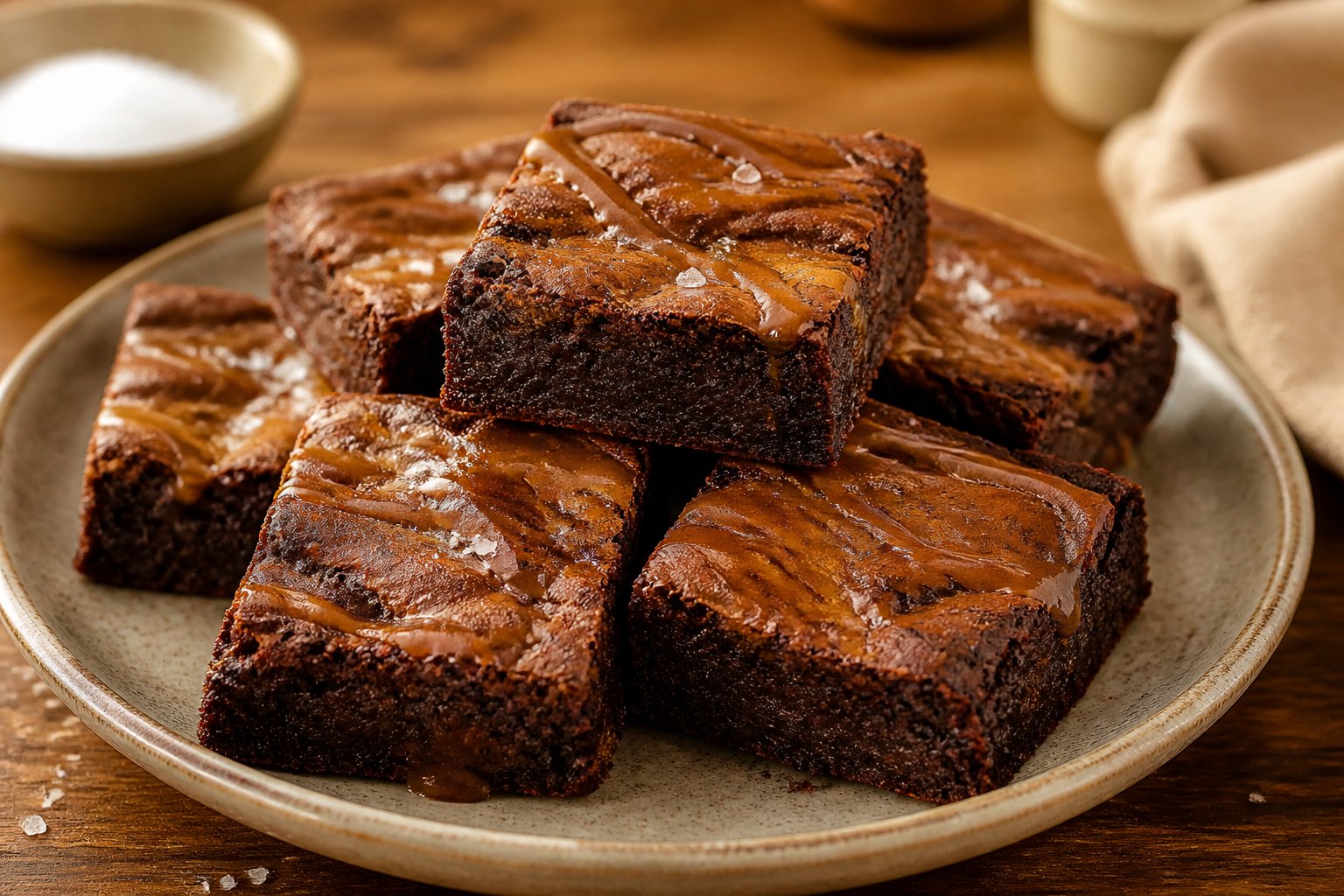 A plate of fudgy chocolate brownies topped with glossy caramel drizzle and flaky salt.